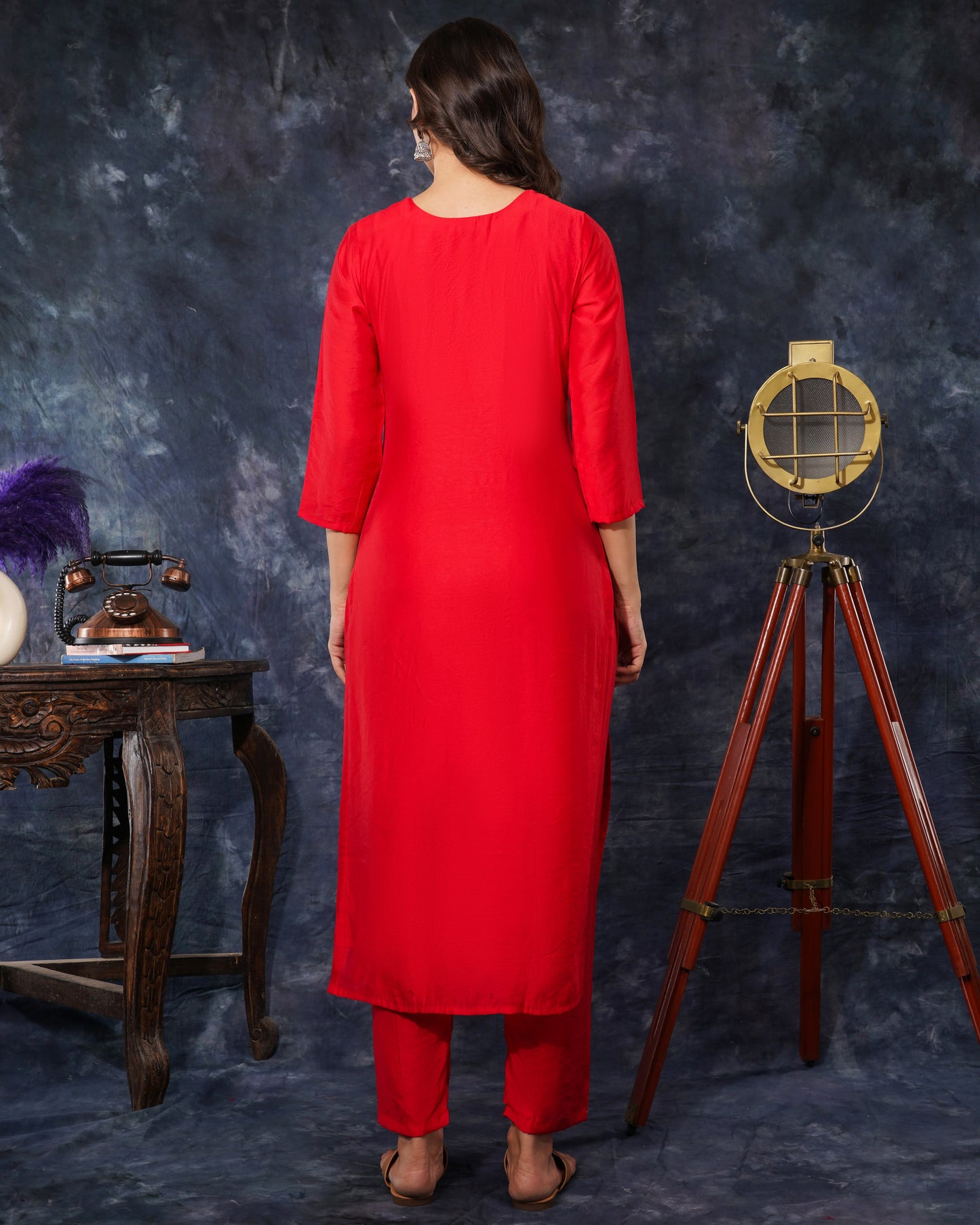 Red embroidered kurta bottom with dupatta with hand work - Prisachi Official