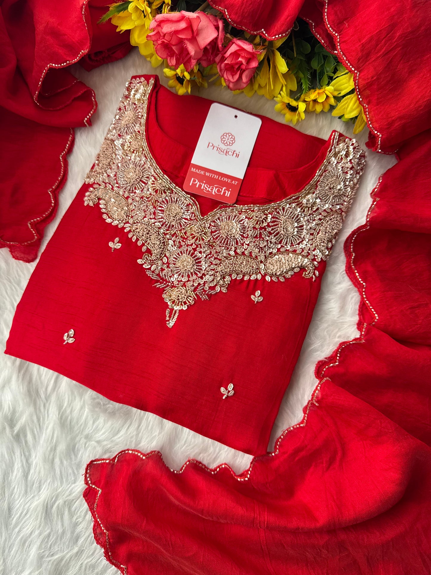 Red Embroidered kurta Pant with dupatta - Prisachi Official