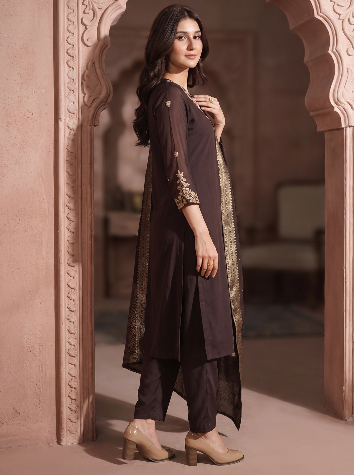 Brown Zardozi Embroidered Kurta Set with Banarasi Dupatta & Pants | Designer Festive Ethnic Suit