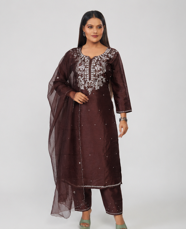 Brown Designer Zardozi Embroidered Kurta Set with Pants & Dupatta| Ethnic Festive Wear