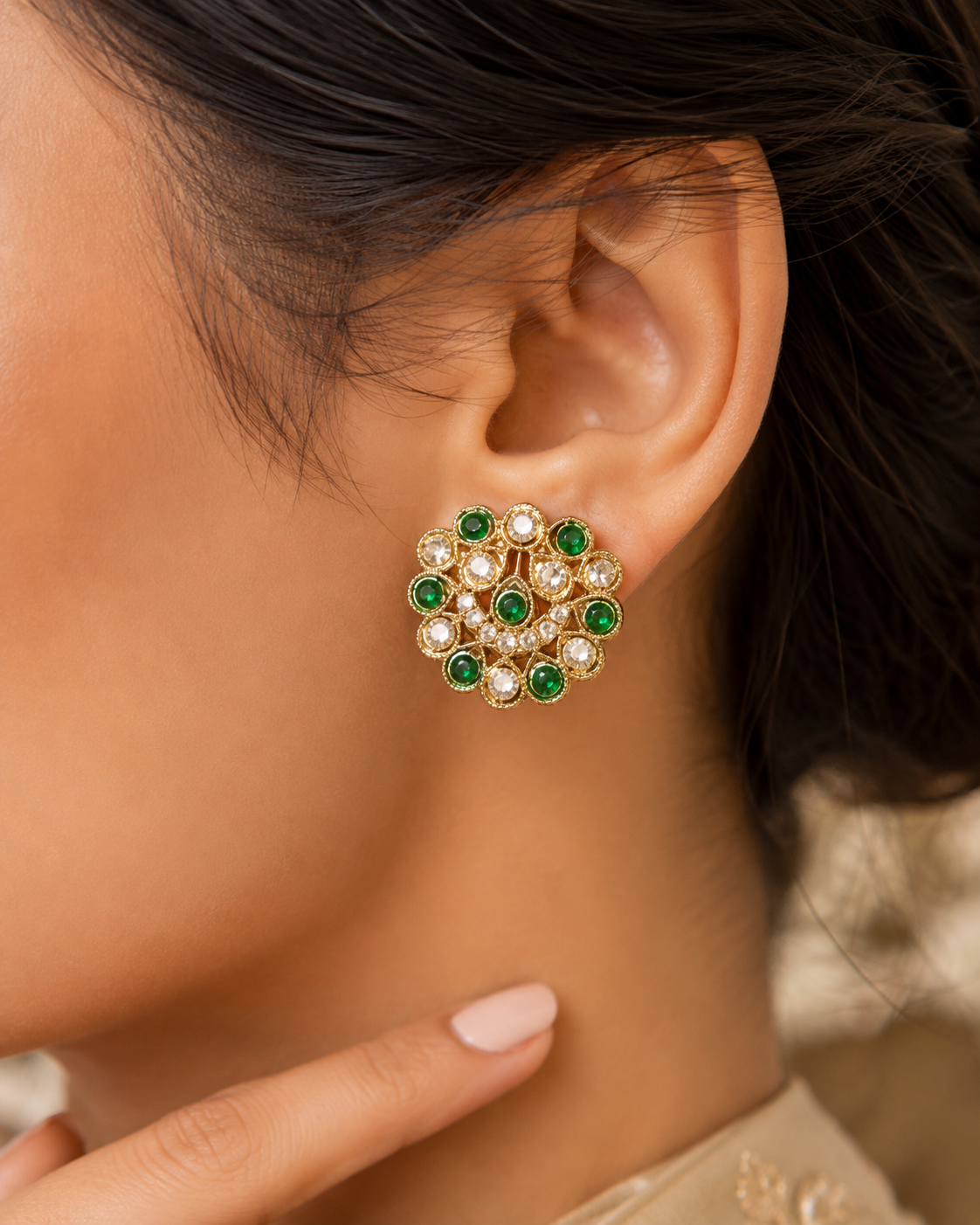 Traditional Gold-Plated Flower Kundan Stud Earrings for women