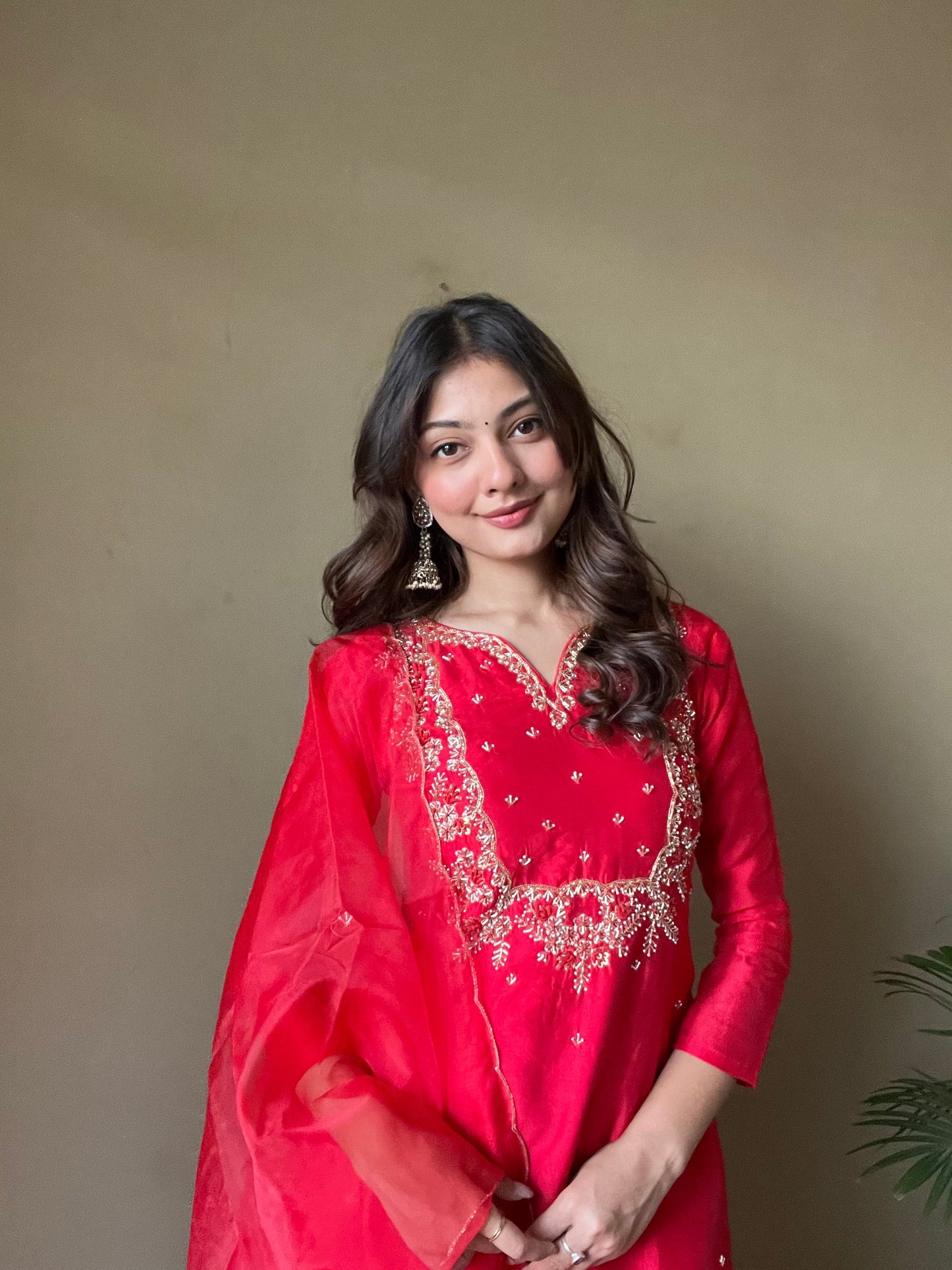 Red embroidered kurta bottom with dupatta with Zardosi work - Prisachi Official