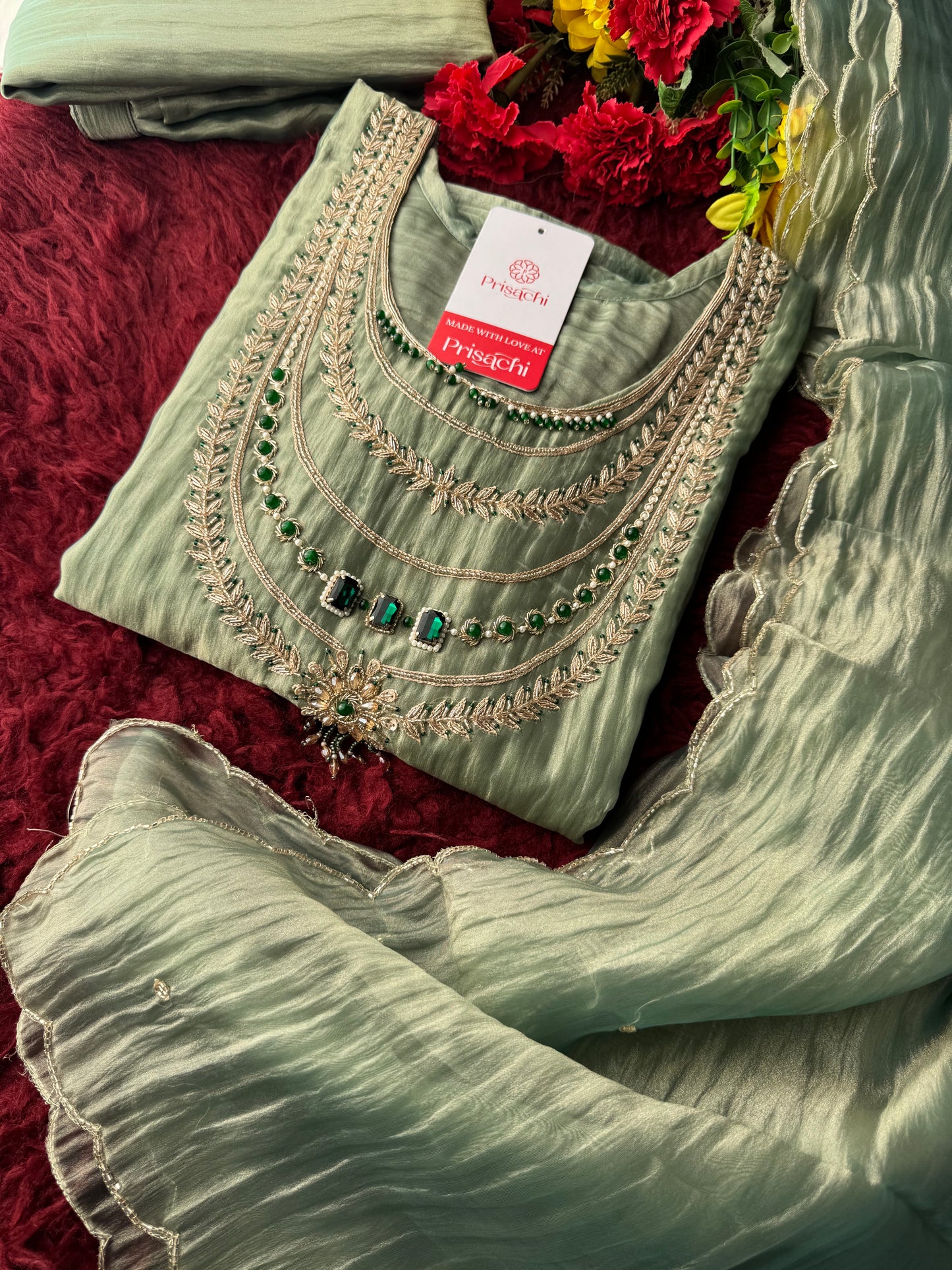 Green embroidered kurta set with dupatta