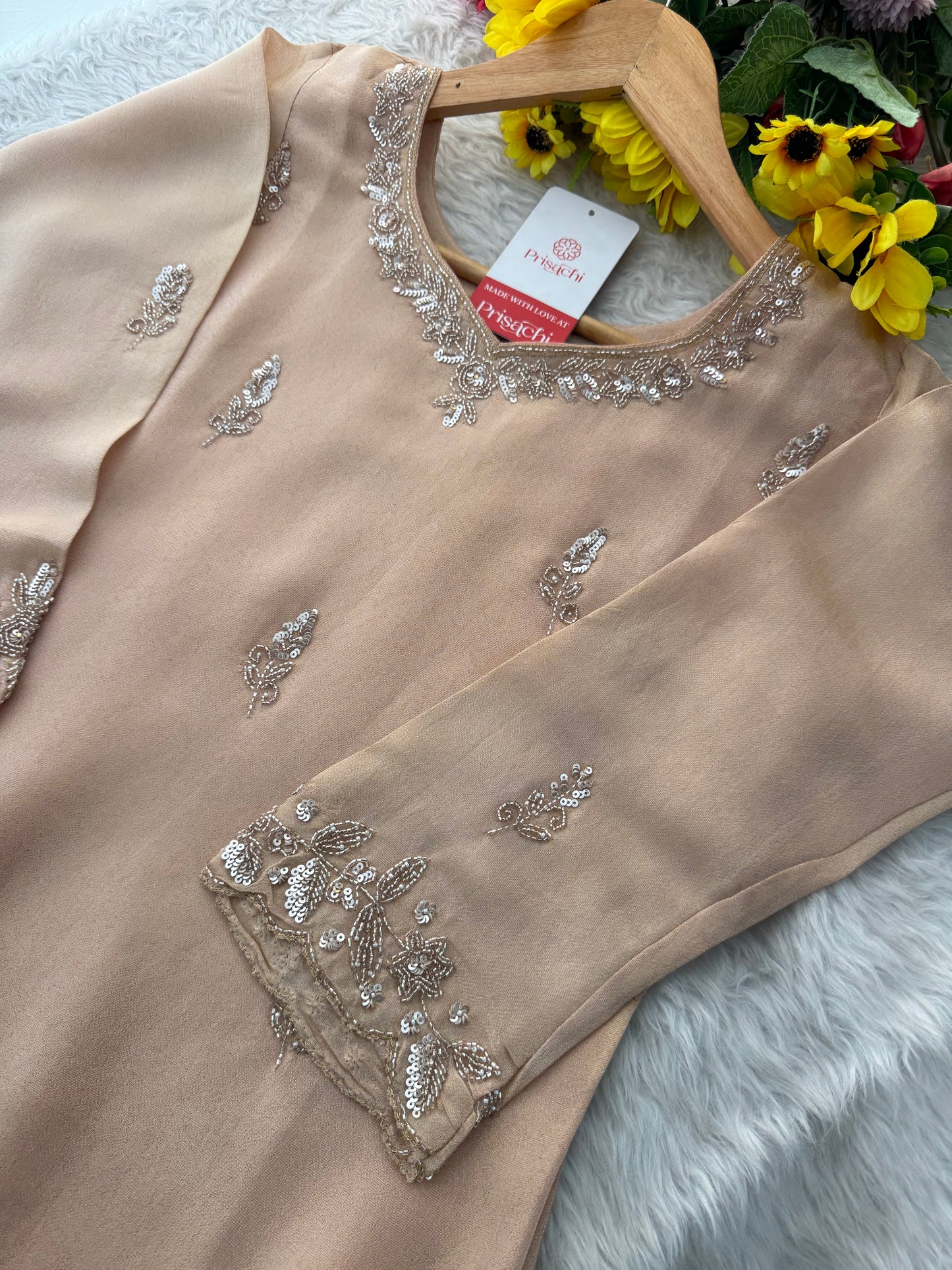 Beige Kurta Set for Women with Pants and Dupatta - Prisachi Official