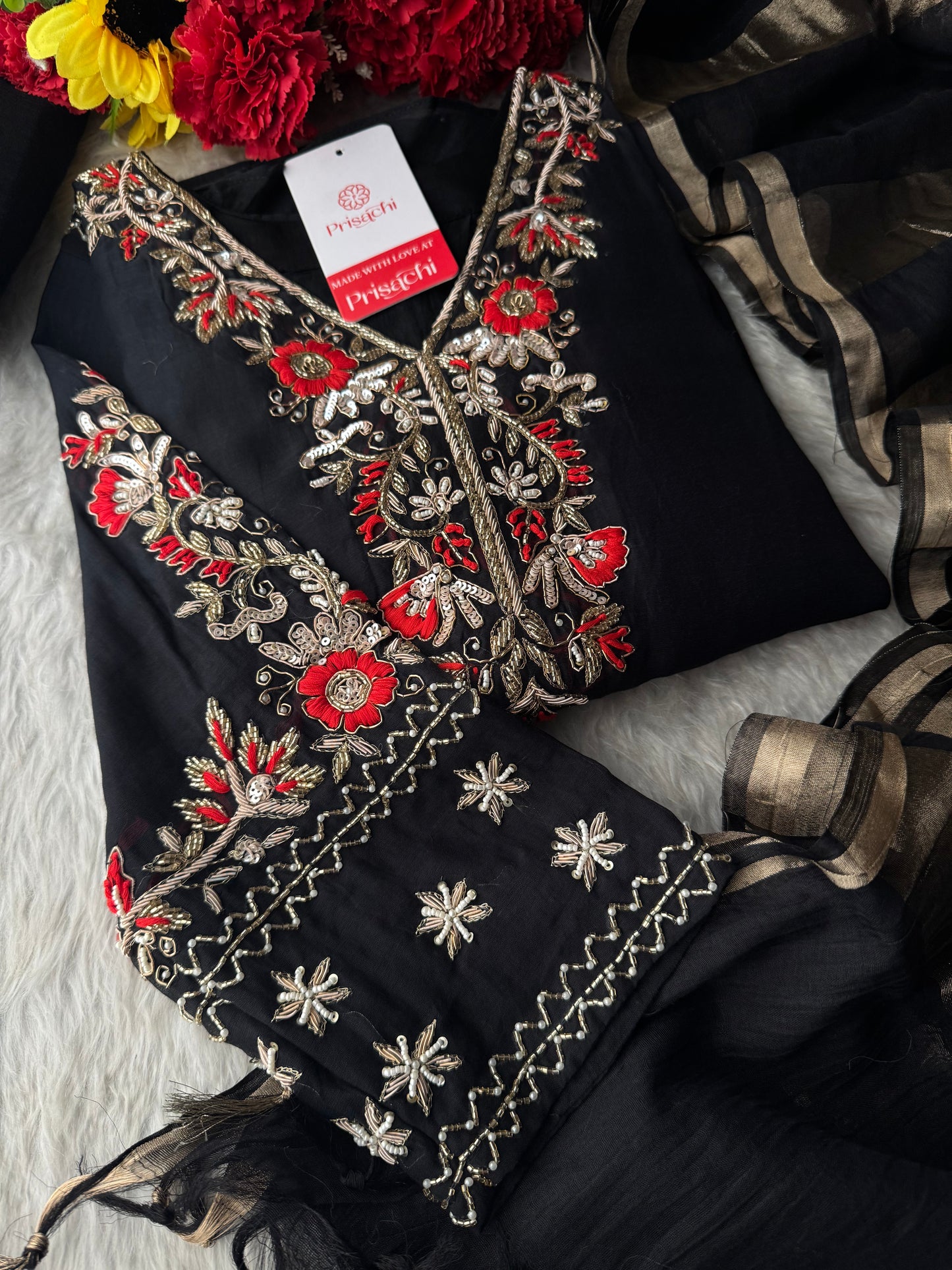 Black Embroidered Ethnic Kurta Set for Women with Pants & Dupatta