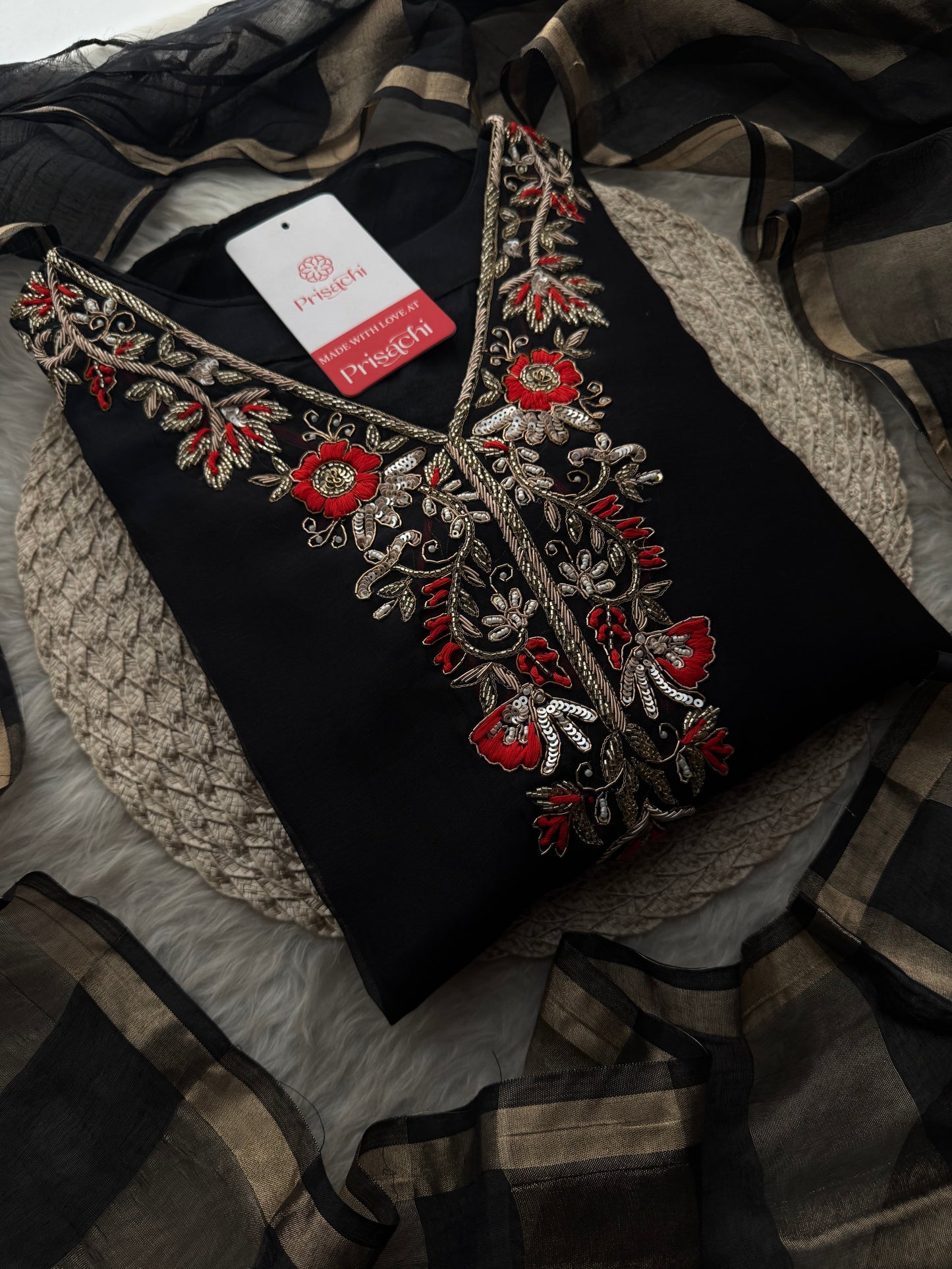 Black Embroidered Ethnic Kurta Set for Women with Pants & Dupatta
