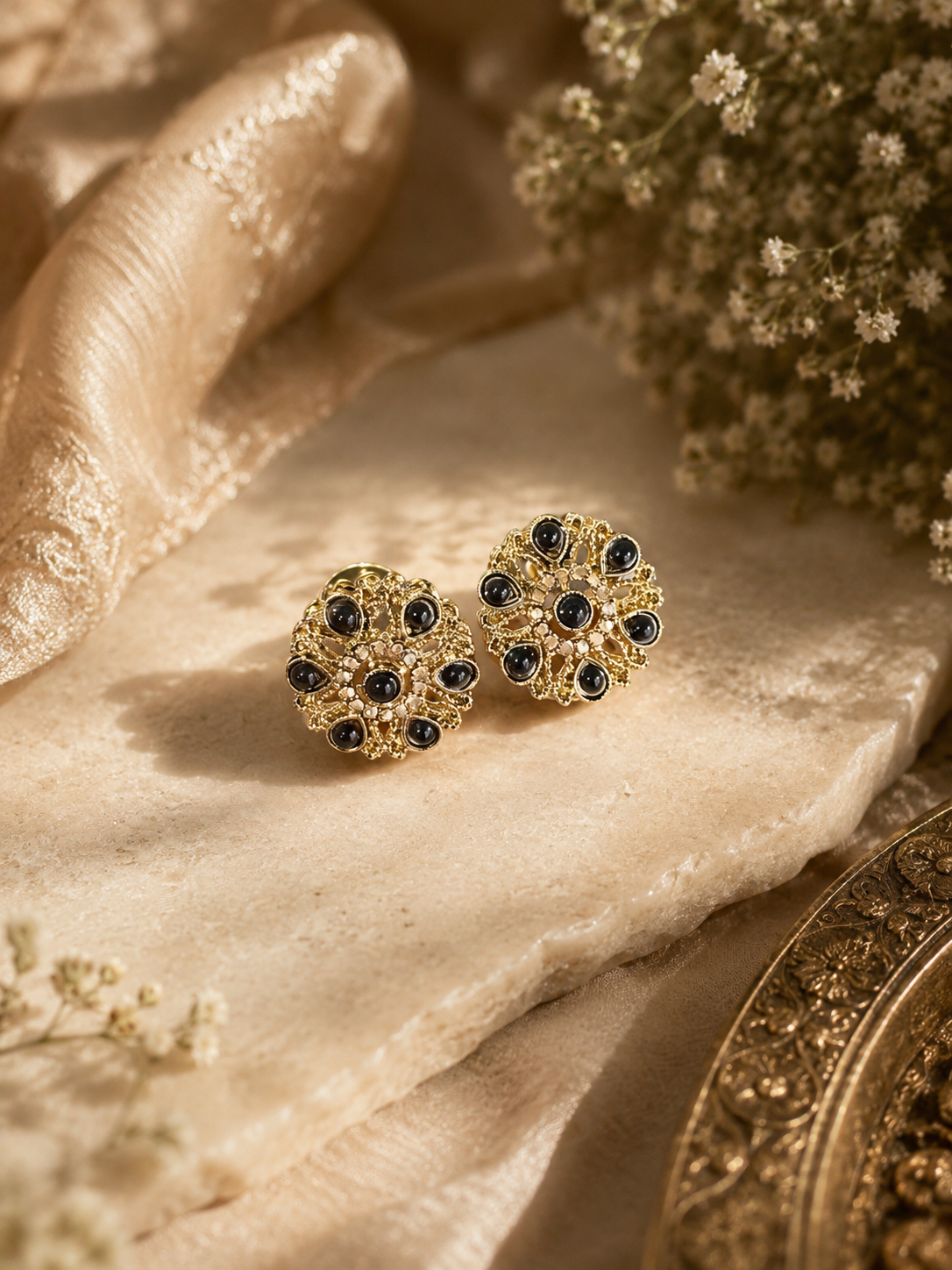 Ethnic Gold-Plated Black Kundan Earrings