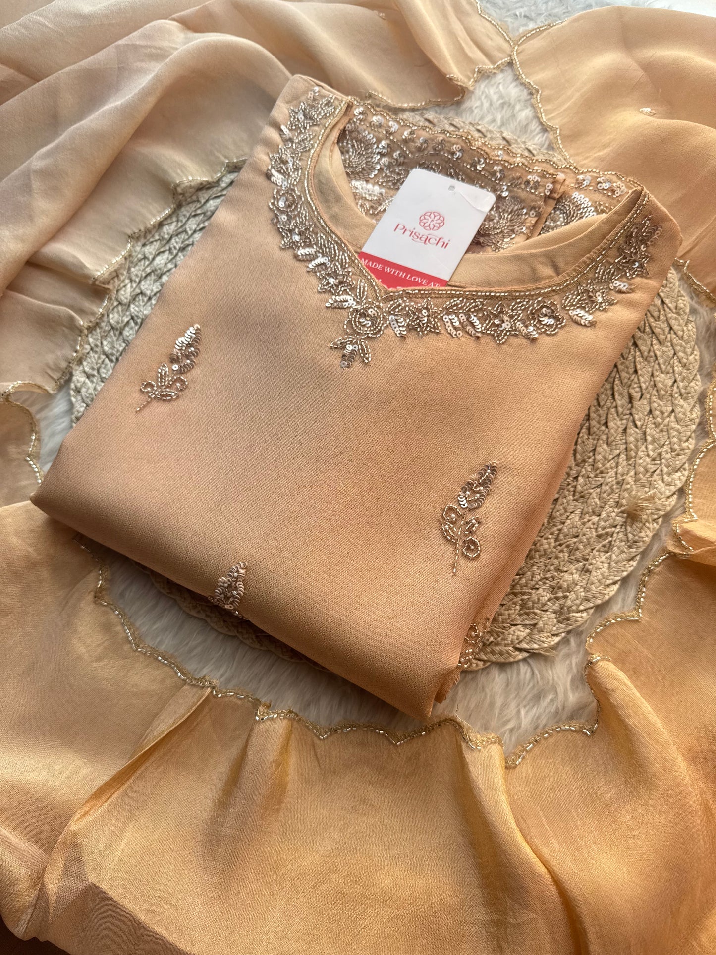 Beige Kurta Set for Women with Pants and Dupatta - Prisachi Official