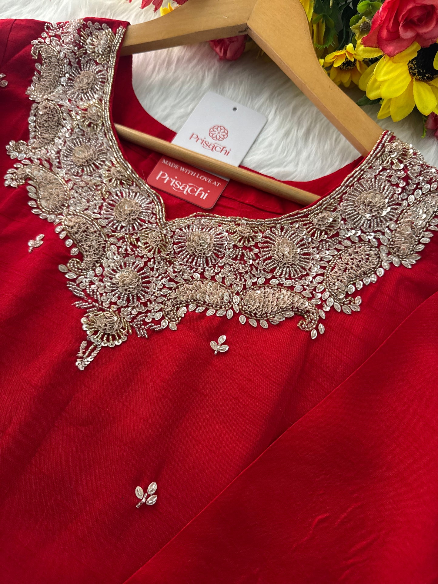 Red Embroidered kurta Pant with dupatta - Prisachi Official