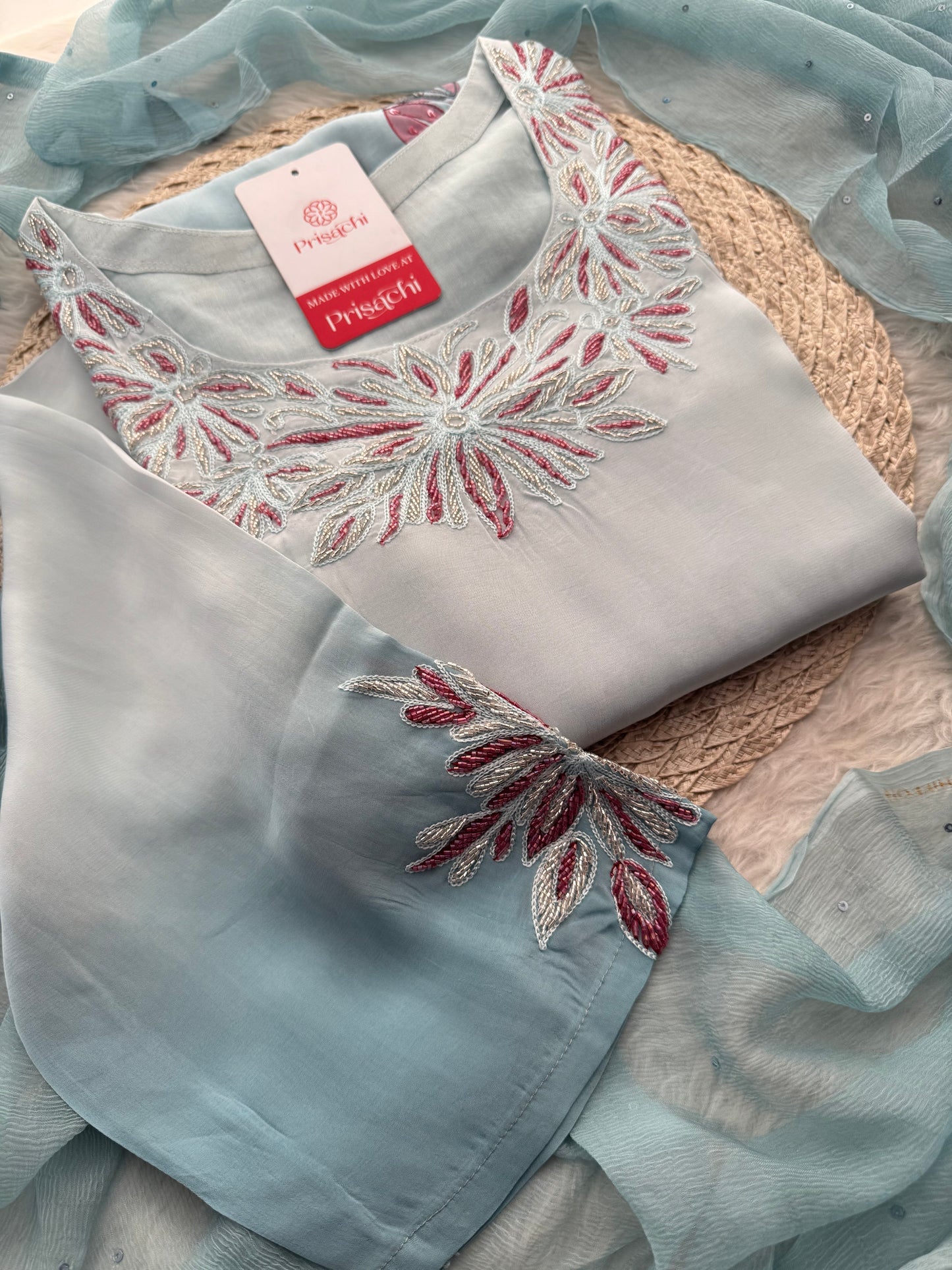 Pastel Blue floral embroidered kurta set with dupatta and pant - Prisachi Official