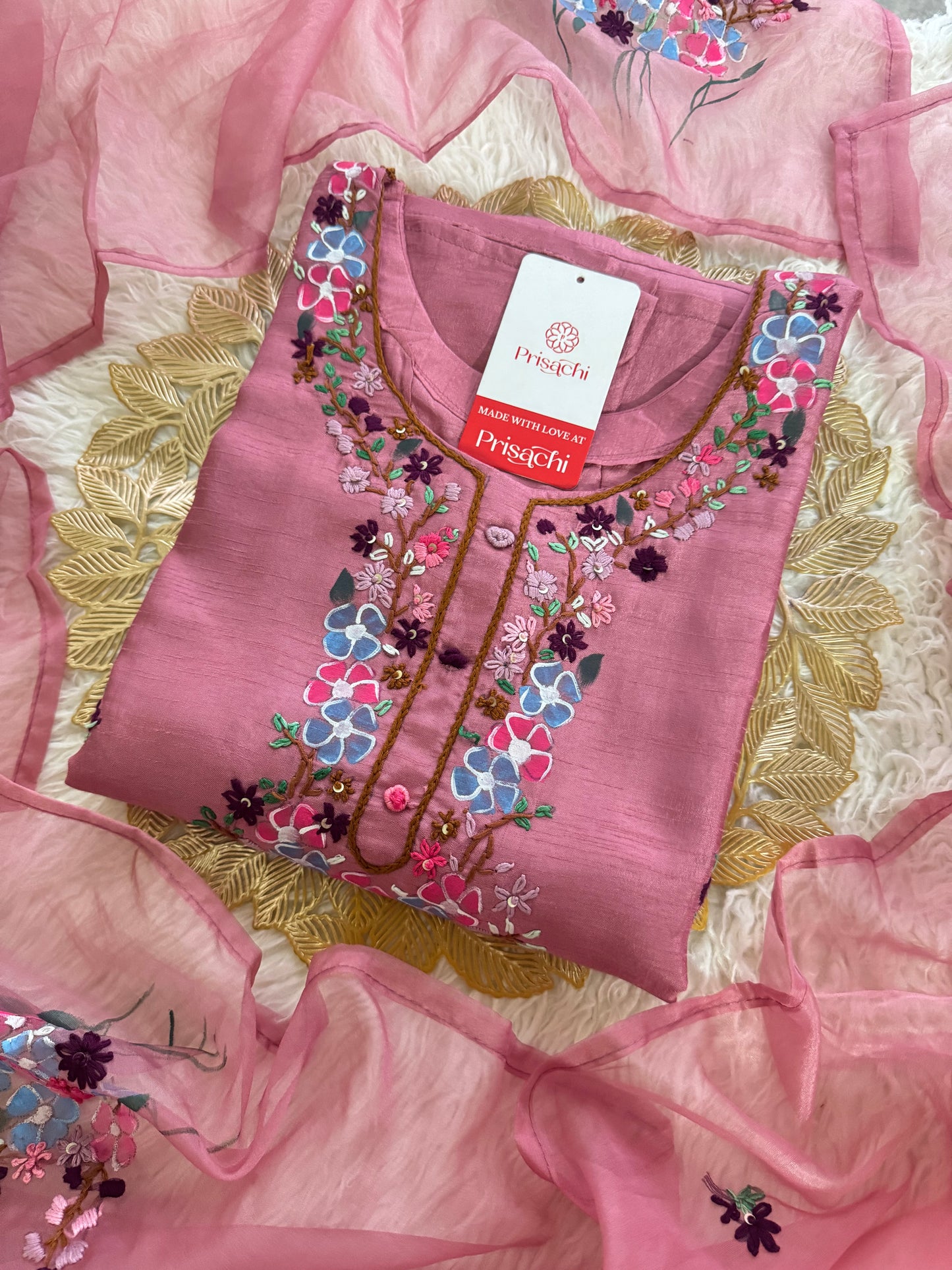 Pink Hand embroidered kurta set with dupatta