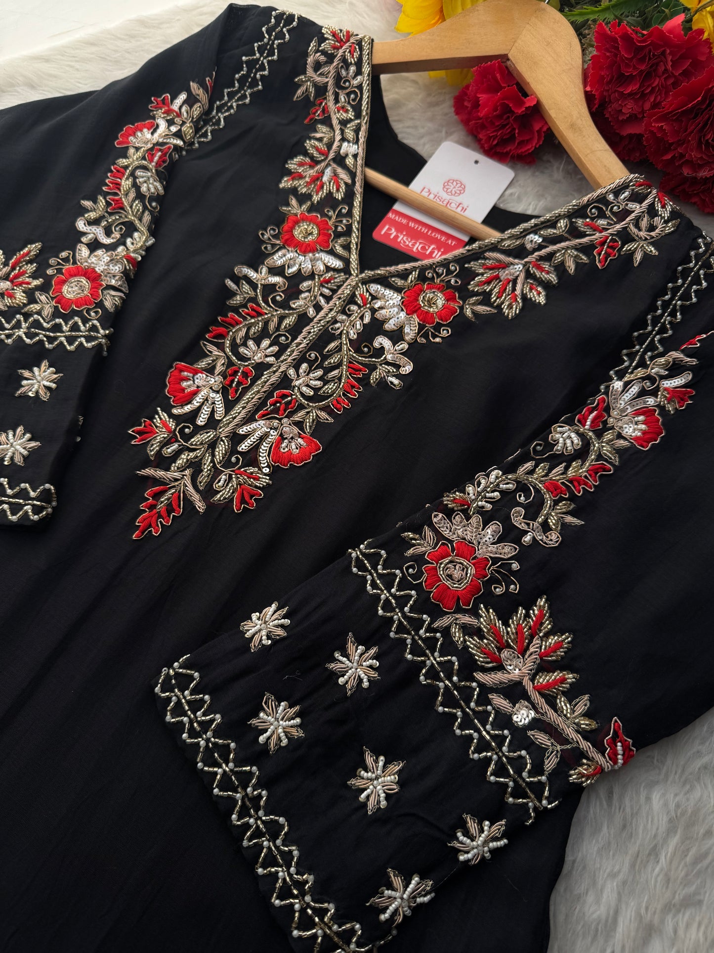 Black Embroidered Ethnic Kurta Set for Women with Pants & Dupatta