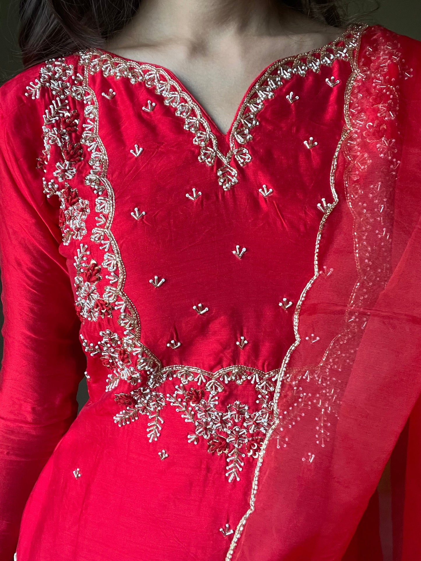 Red embroidered kurta bottom with dupatta with Zardosi work - Prisachi Official