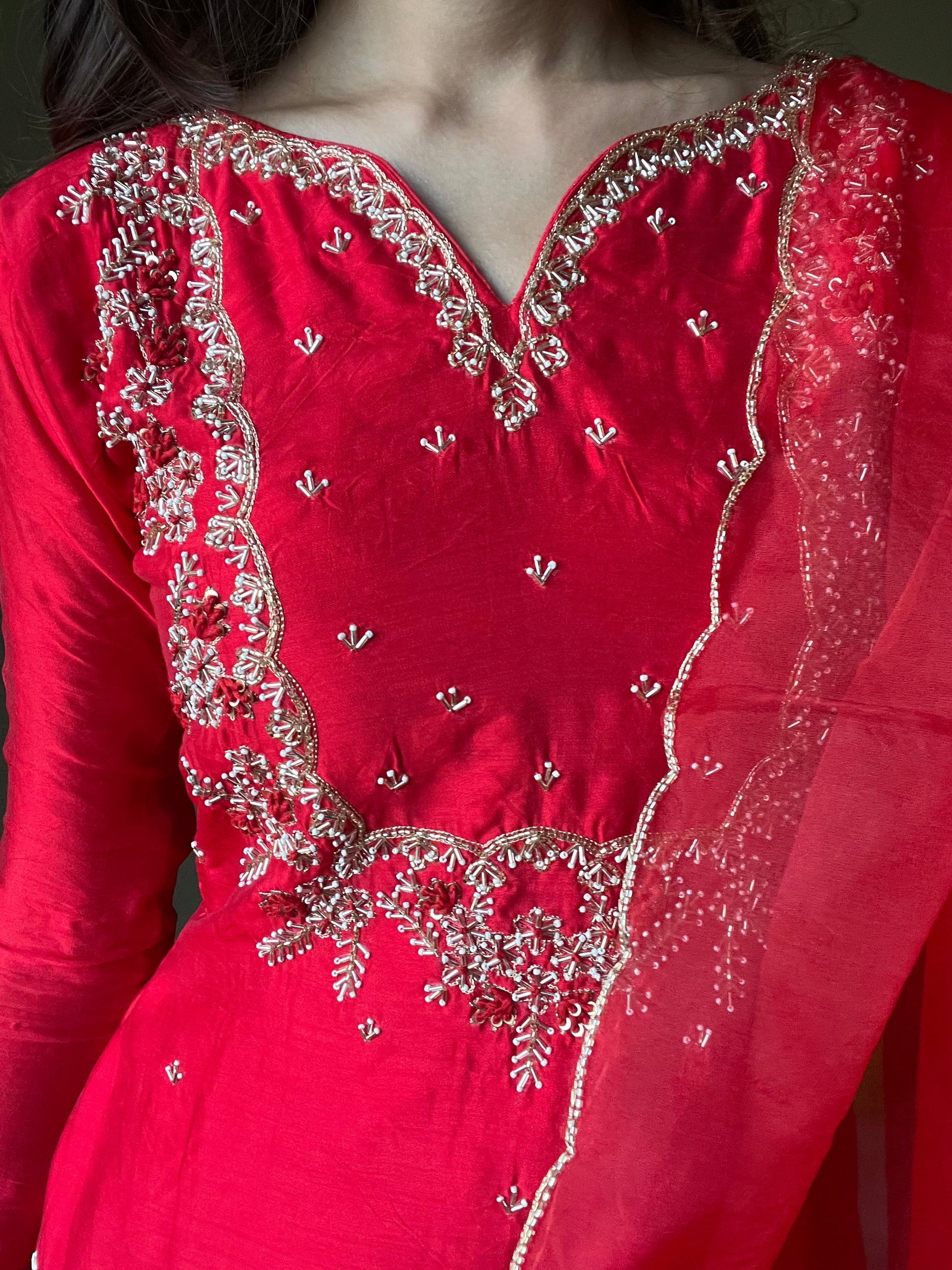 Red embroidered kurta bottom with dupatta with Zardosi work - Prisachi Official