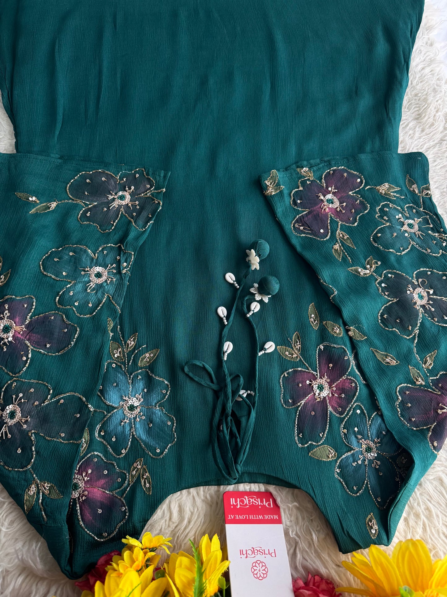 Green hand embroidered A Line kurta pant with dupatta