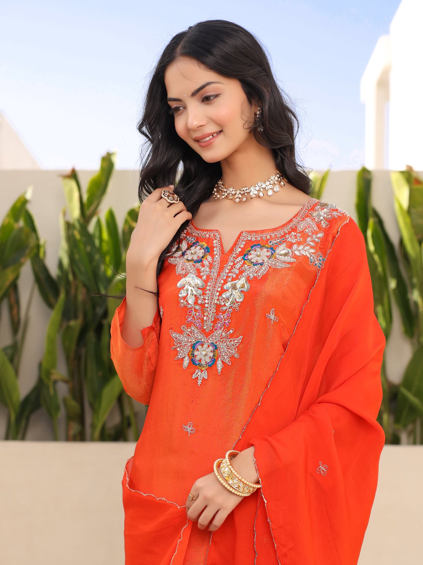 Orange Embroidered Kurta Set With viscous Dupatta