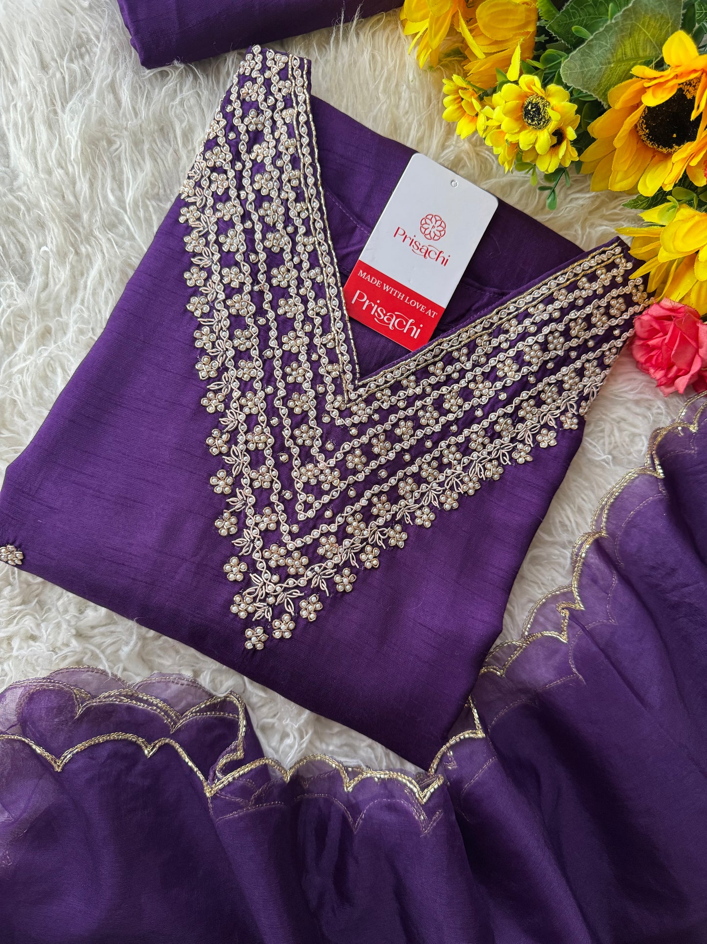 Purple neck embroidered kurta set with dupatta