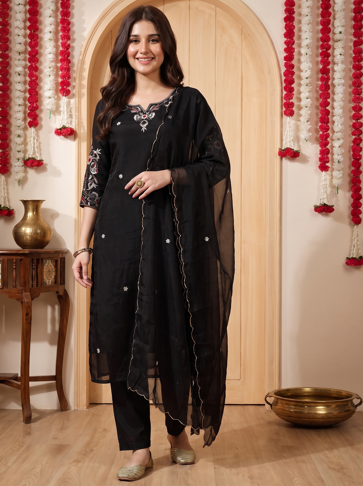 Elegant Black Embroidered Kurta Set for Women with Straight Pants and Scalloped Edged Dupatta