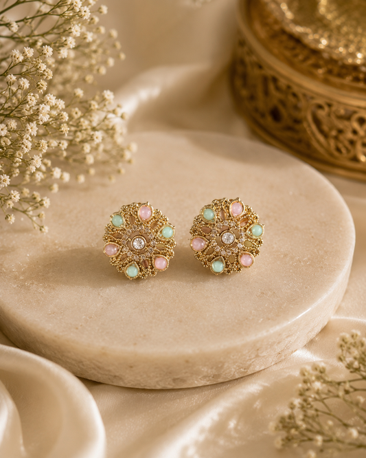 Traditional Gold-Plated Flower Kundan Stud Earrings for women