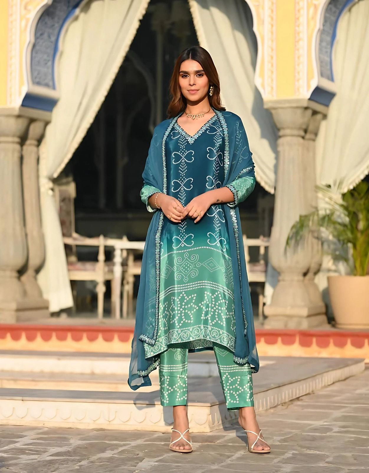 Sea Green Kurti Bottom With bandhej  dupatta