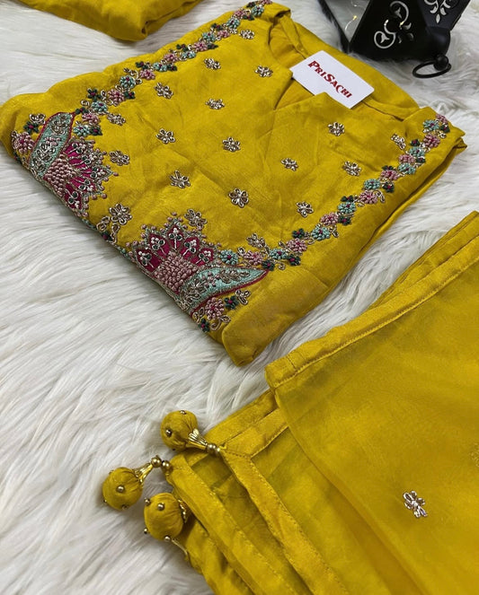 Yellow Embroidered kurta set with dupatta