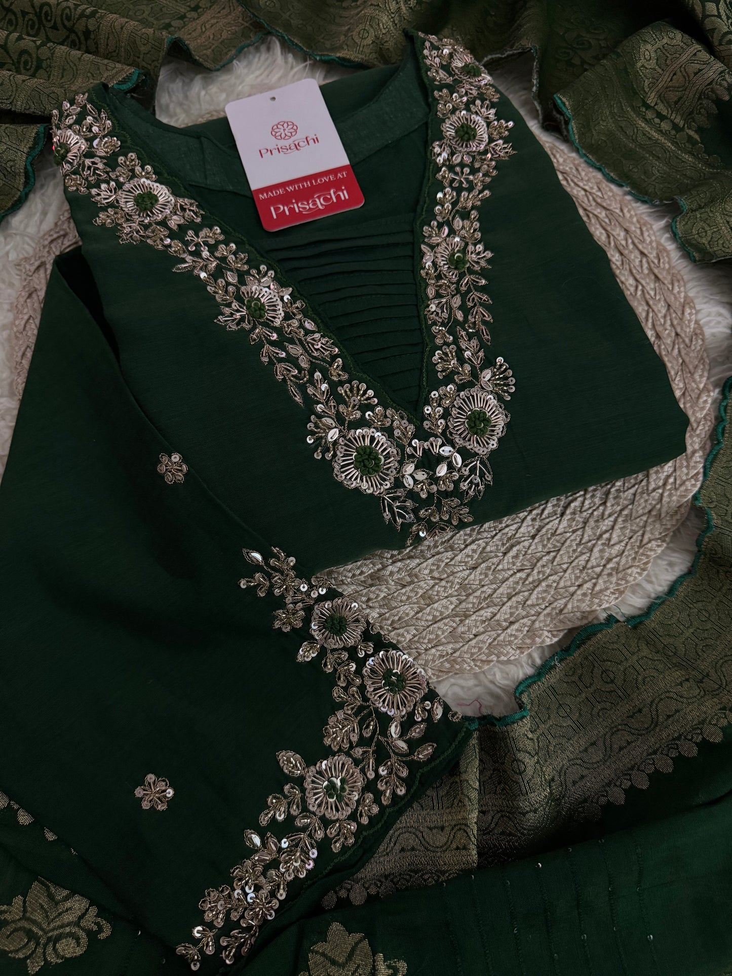 Brown hand embroidered A Line kurta pant with dupatta