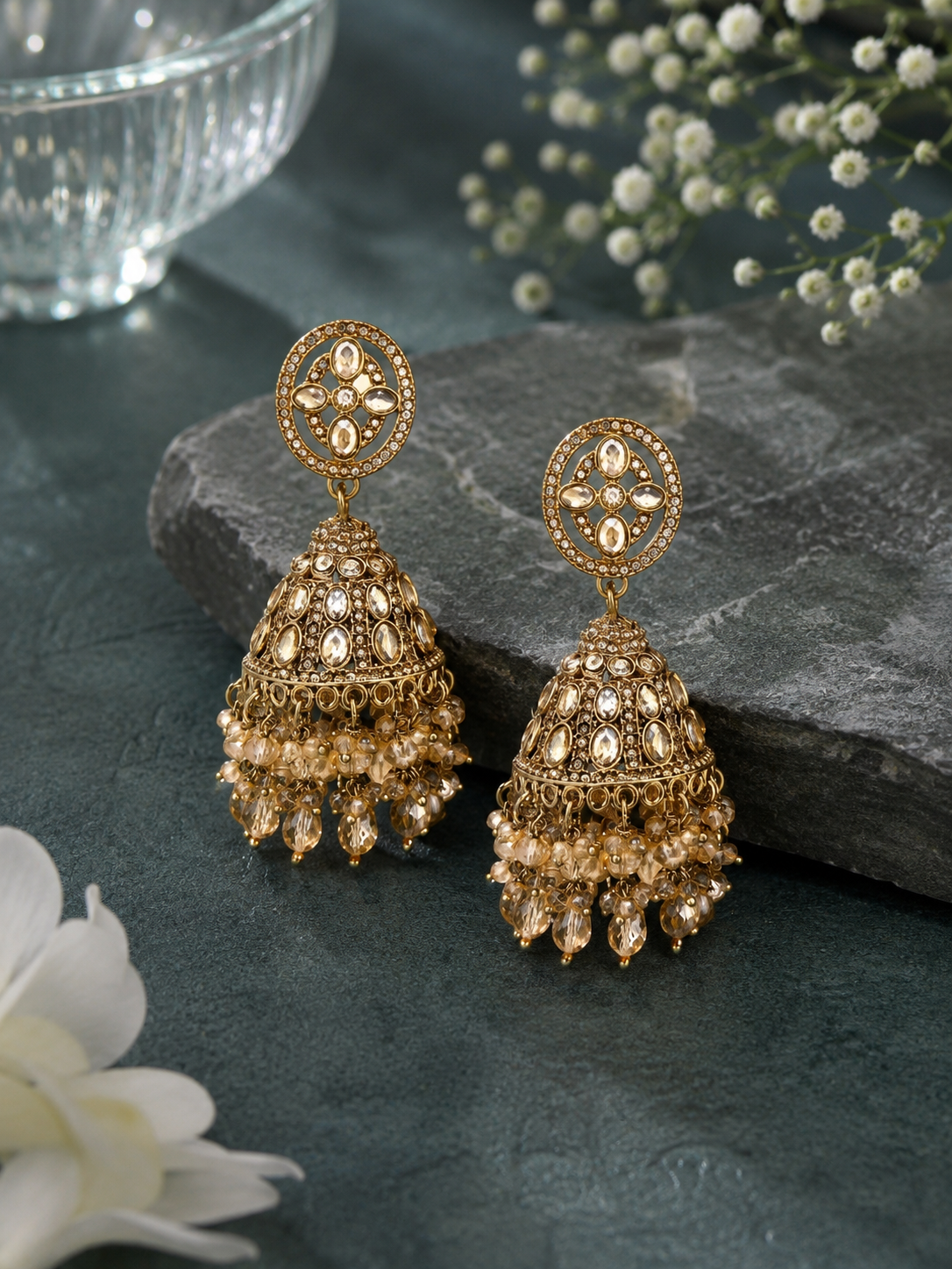 Gold-Plated Kundan Jhumka Earrings with Crystal Beads for Women