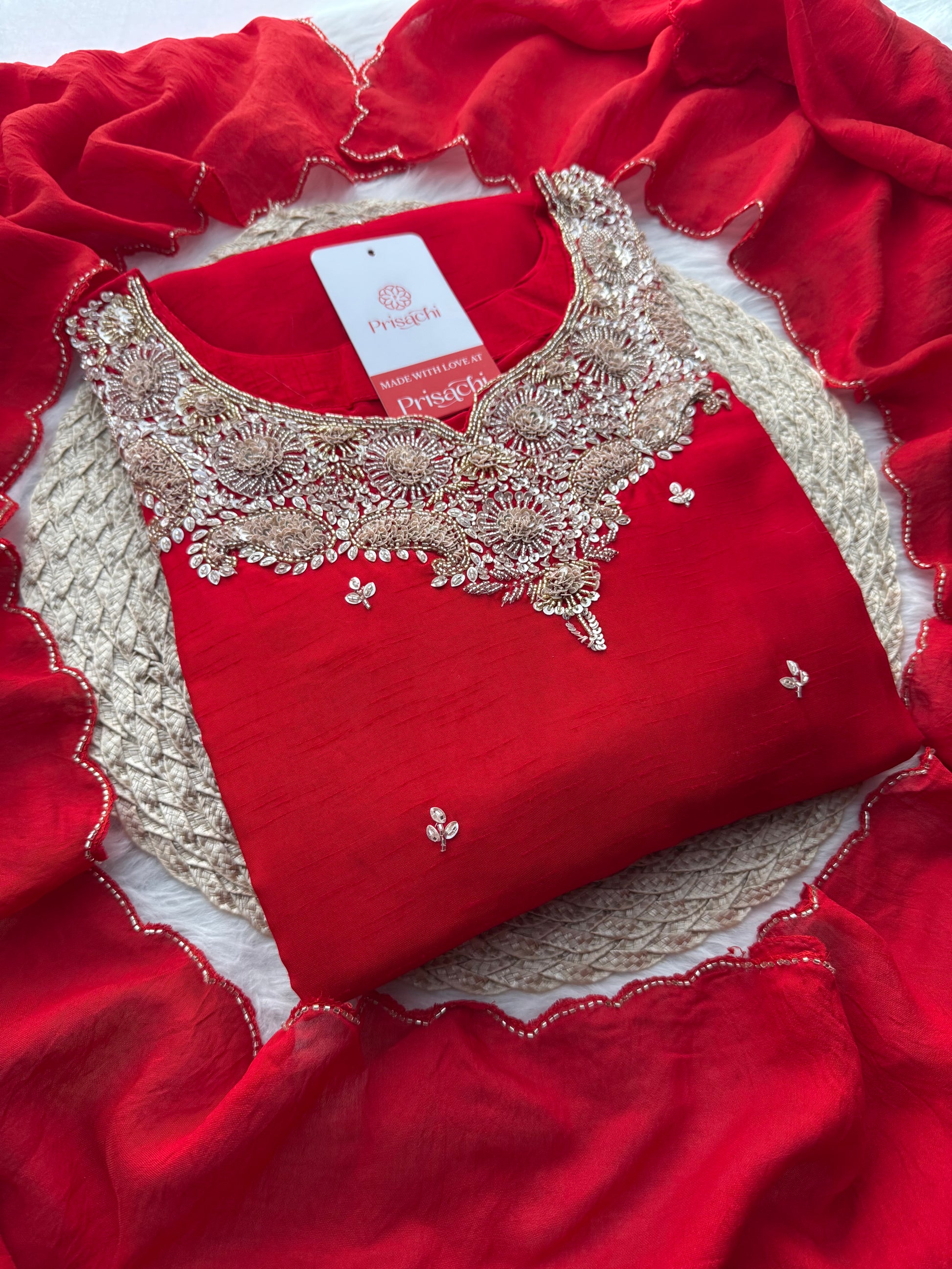 Red Embroidered kurta Pant with dupatta - Prisachi Official
