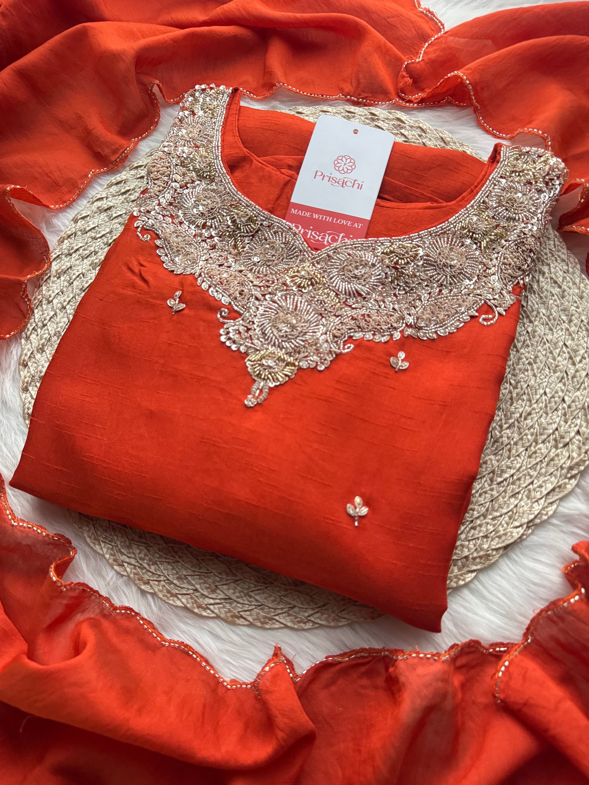 Red Embroidered kurta Pant with dupatta - Prisachi Official