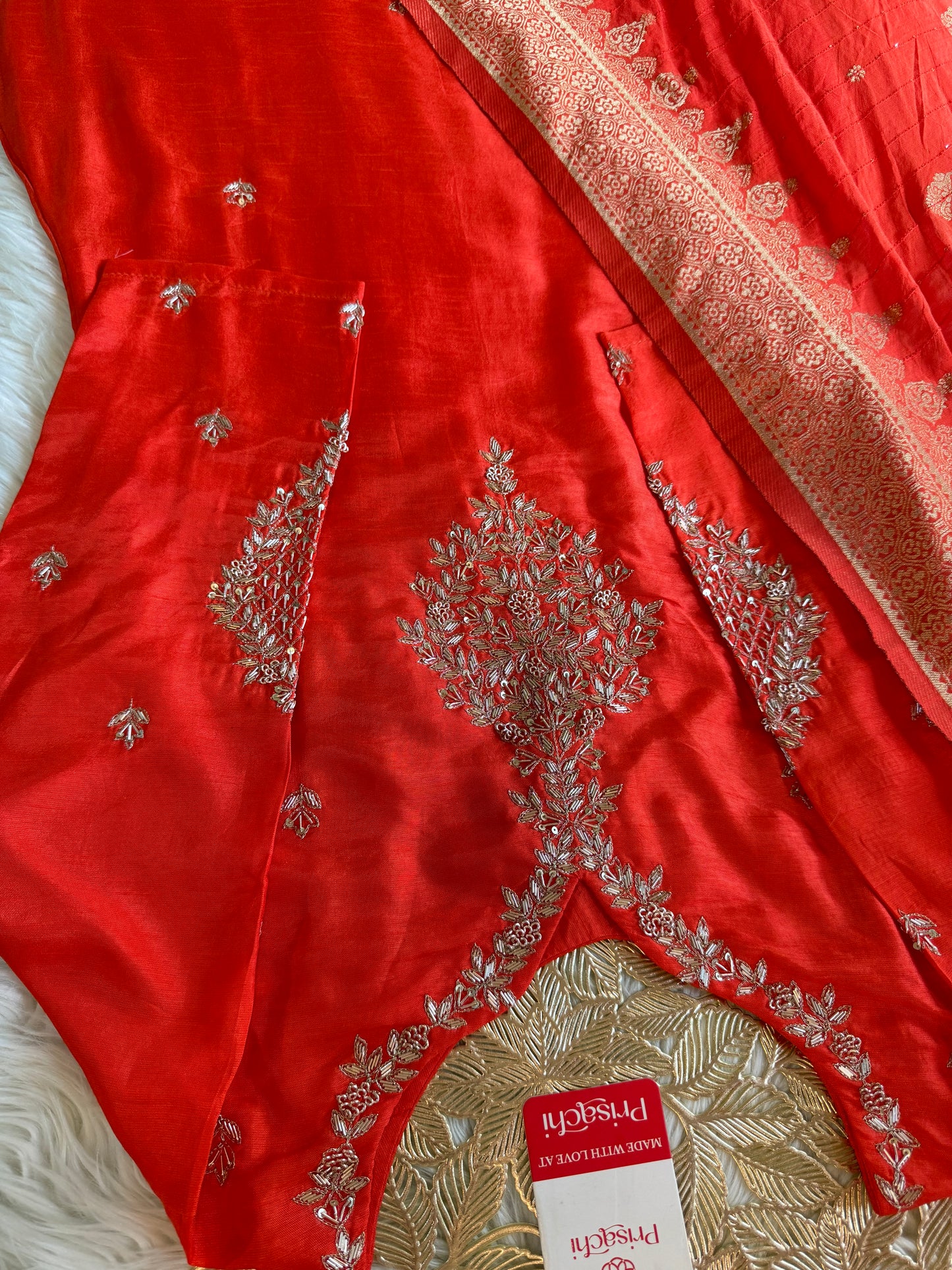 Red Designer Kurti set with Banarasi Duptta