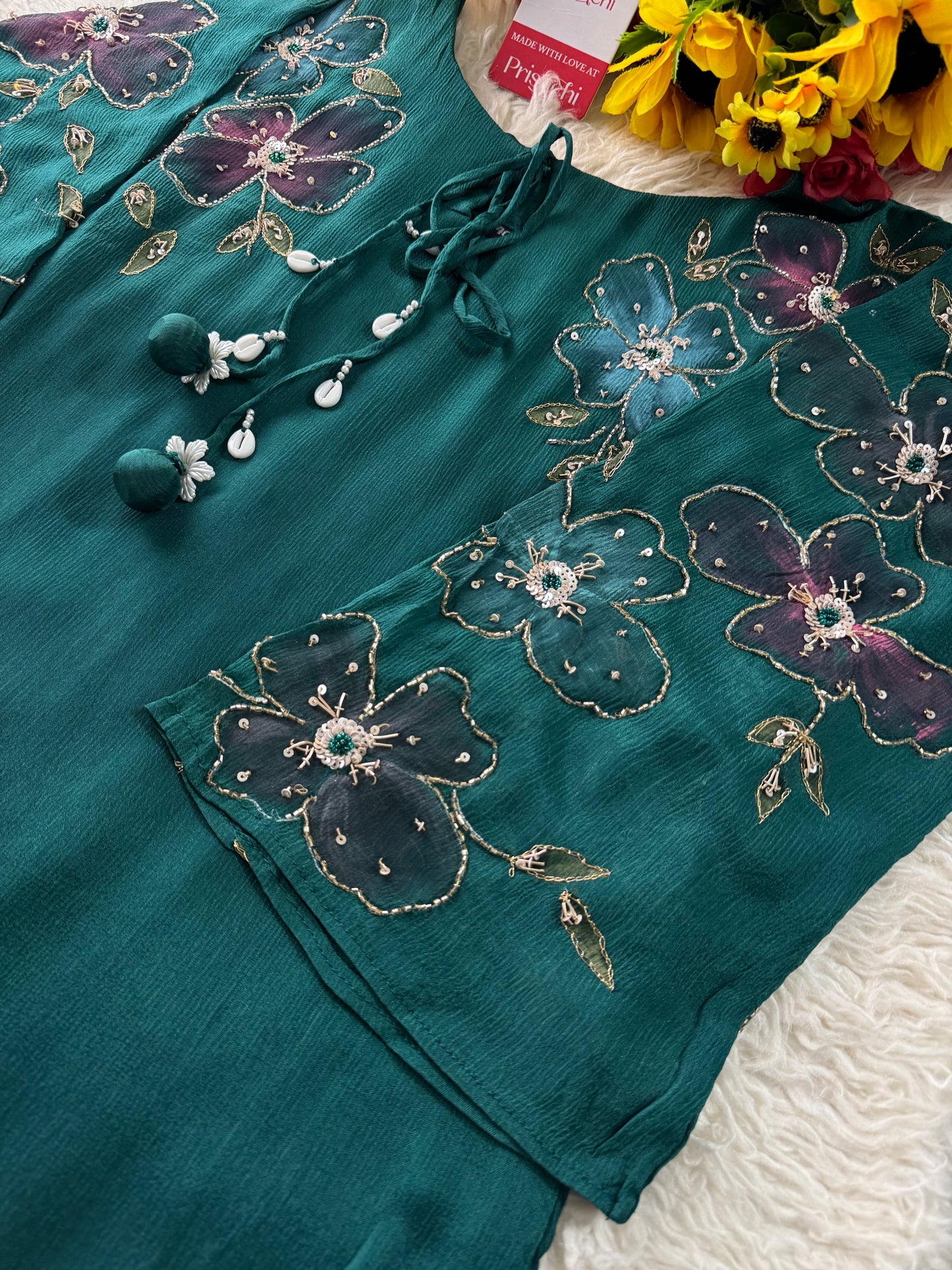 Green hand embroidered A Line kurta pant with dupatta
