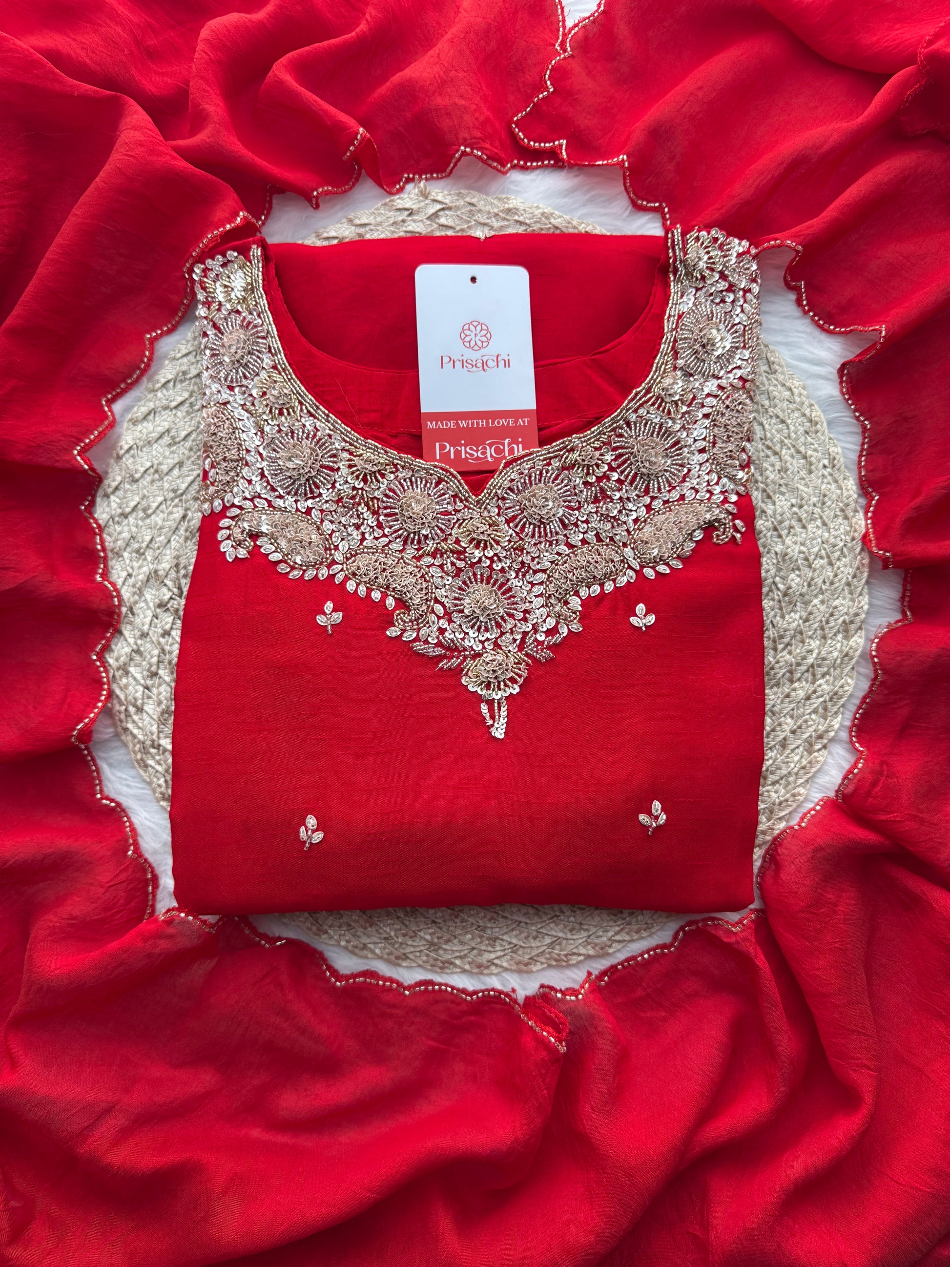 Red Embroidered kurta Pant with dupatta - Prisachi Official
