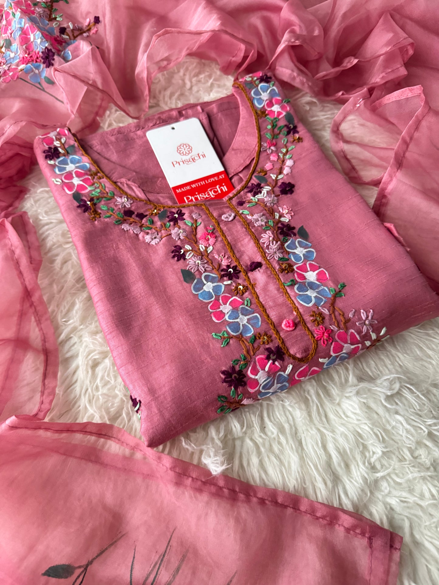 Pink Hand embroidered kurta set with dupatta