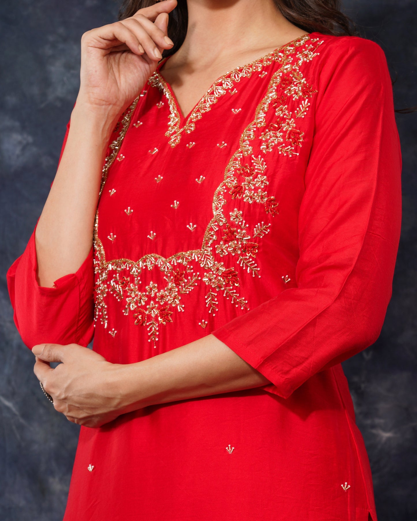 Red embroidered kurta bottom with dupatta with hand work - Prisachi Official
