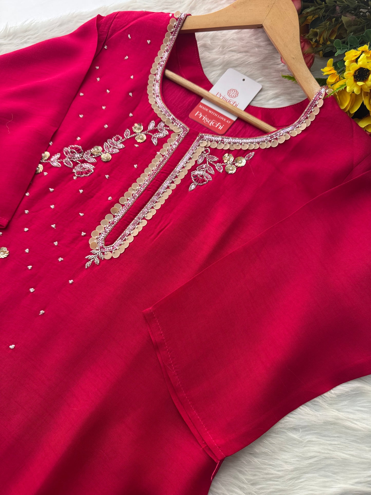 Pink Designer Embroidered Ethnic Kurta Set with Pants & Floral Dupatta - Prisachi Official