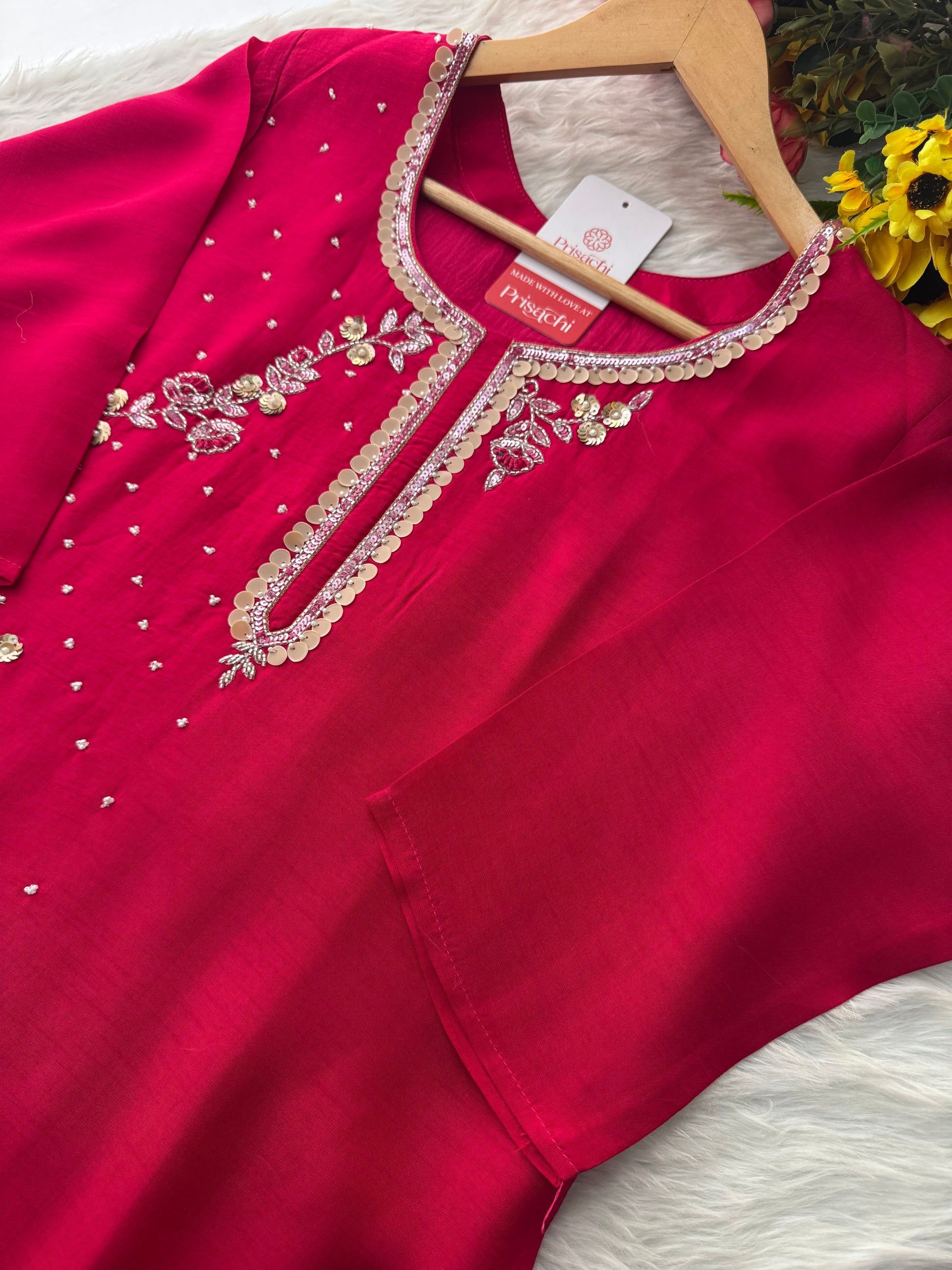 Pink Designer Embroidered Ethnic Kurta Set with Pants & Floral Dupatta - Prisachi Official