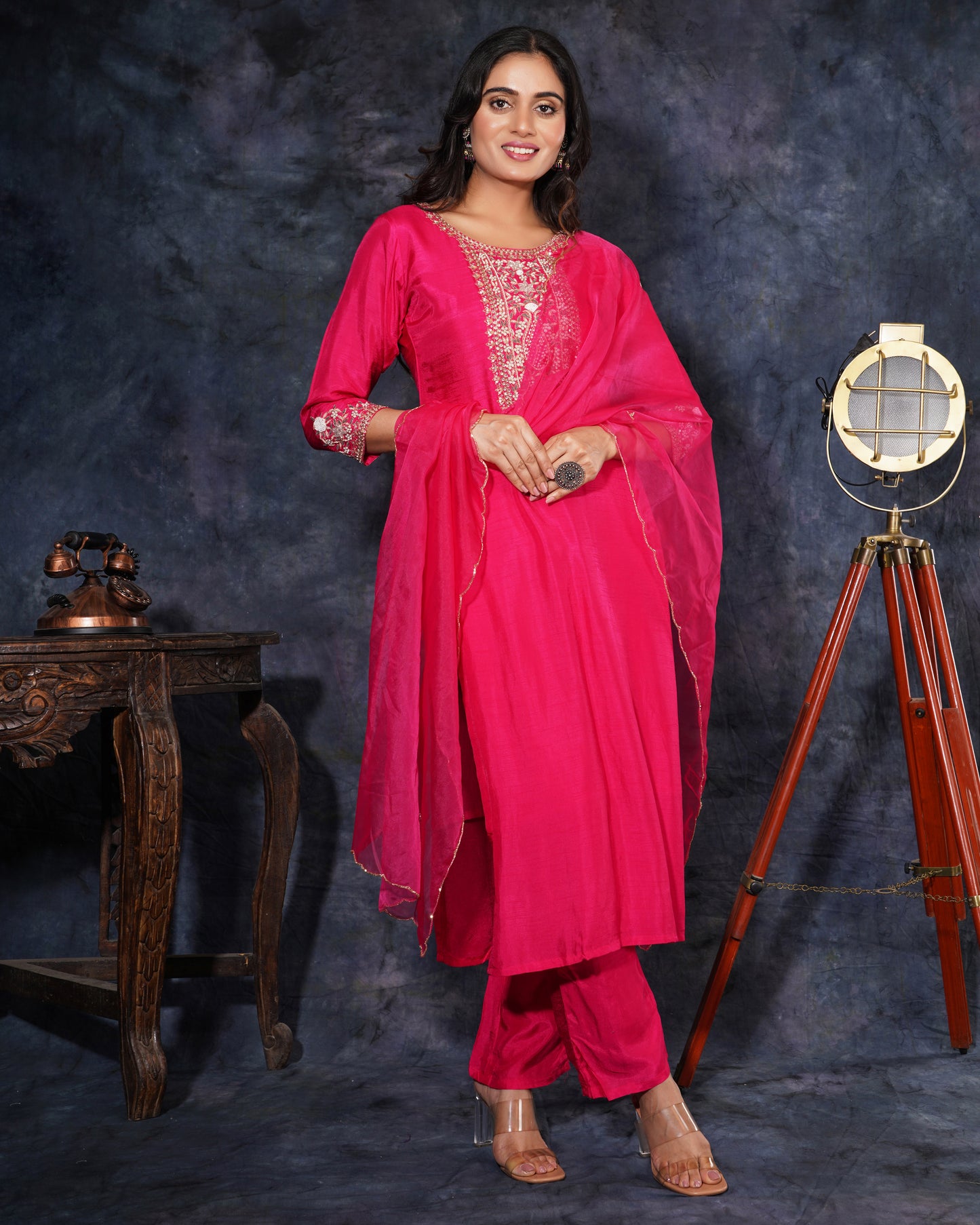 Pink embroidered kurta set with dupatta