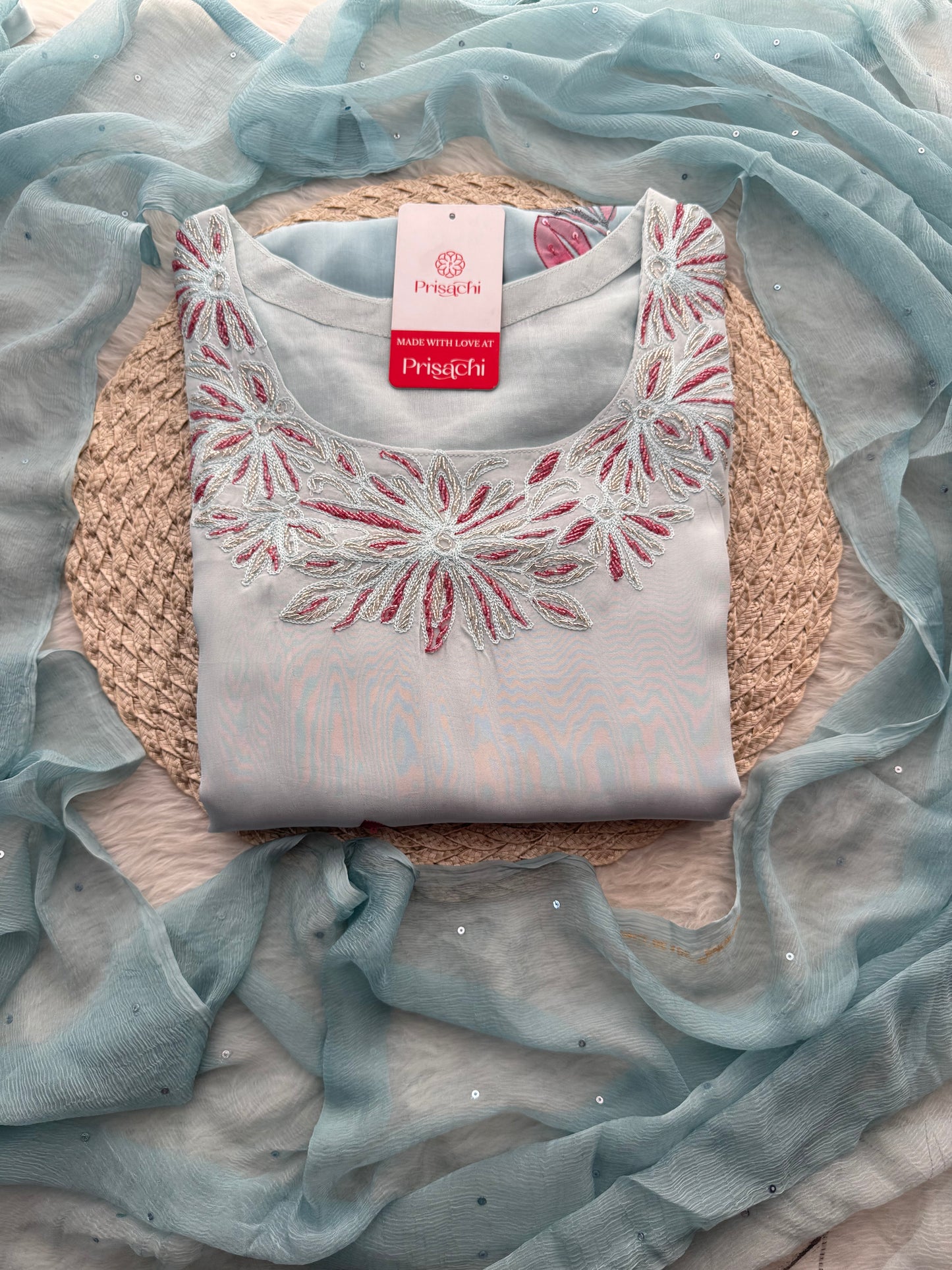 Pastel Blue floral embroidered kurta set with dupatta and pant - Prisachi Official