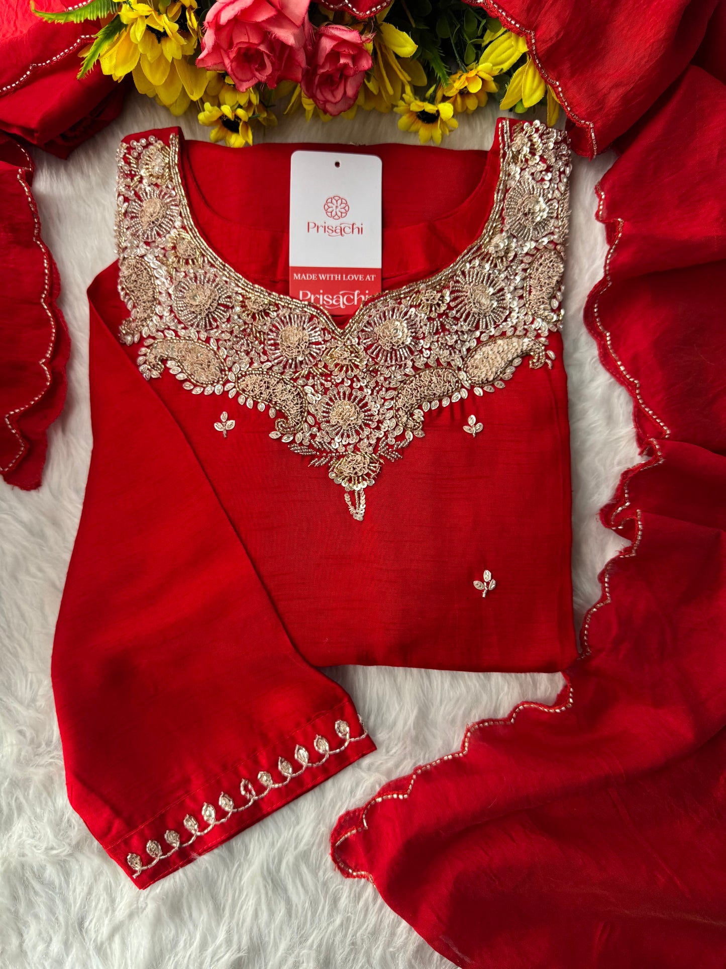 Red Embroidered kurta Pant with dupatta - Prisachi Official