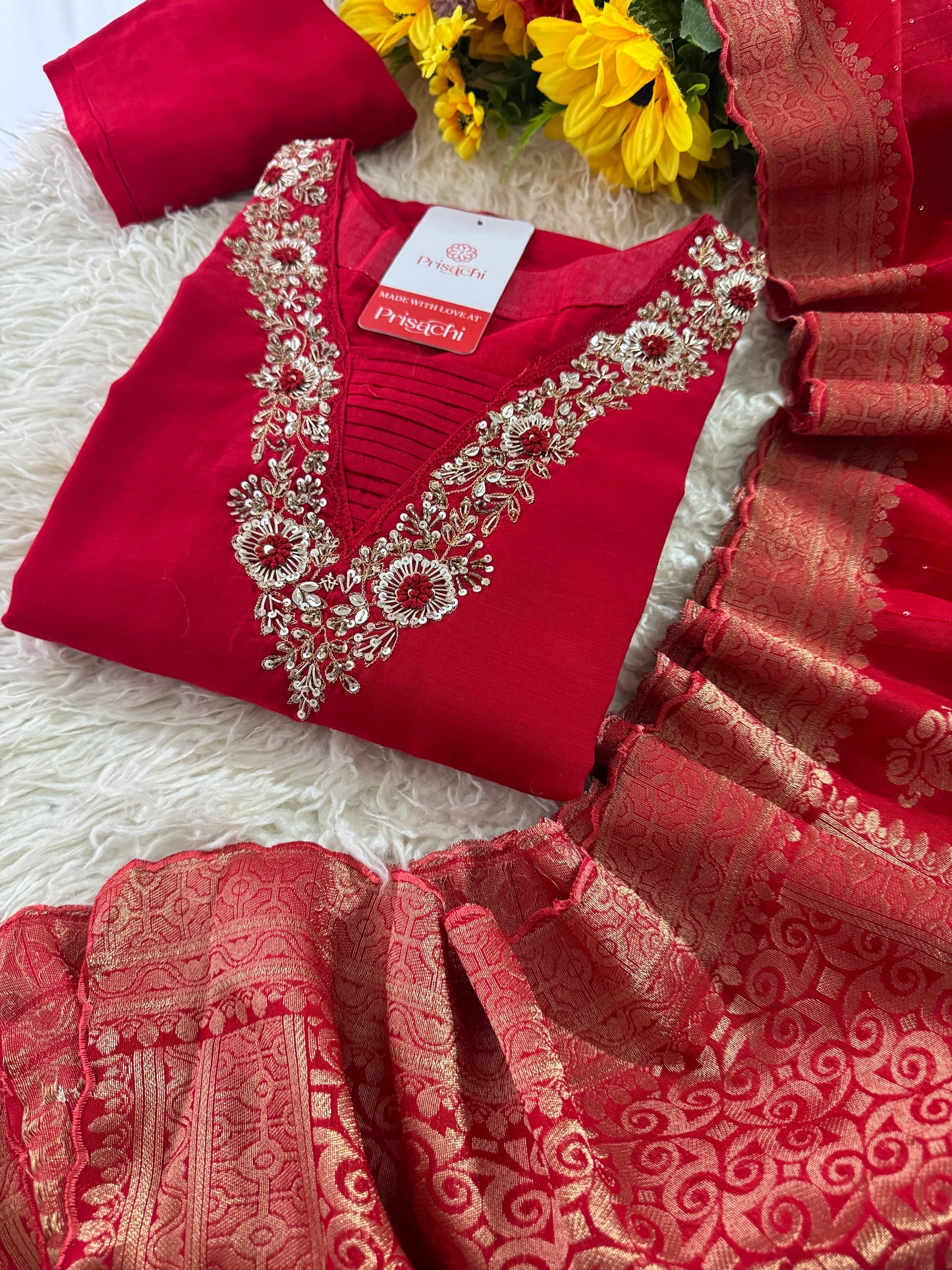 Brown hand embroidered A Line kurta pant with dupatta