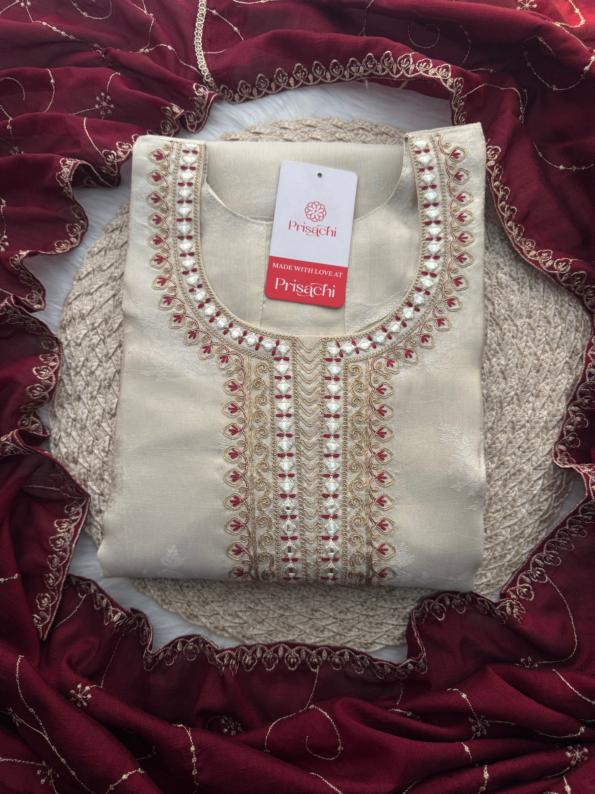 Off White Designer Embroidered Kurta set with dupatta and Pant - Prisachi Official