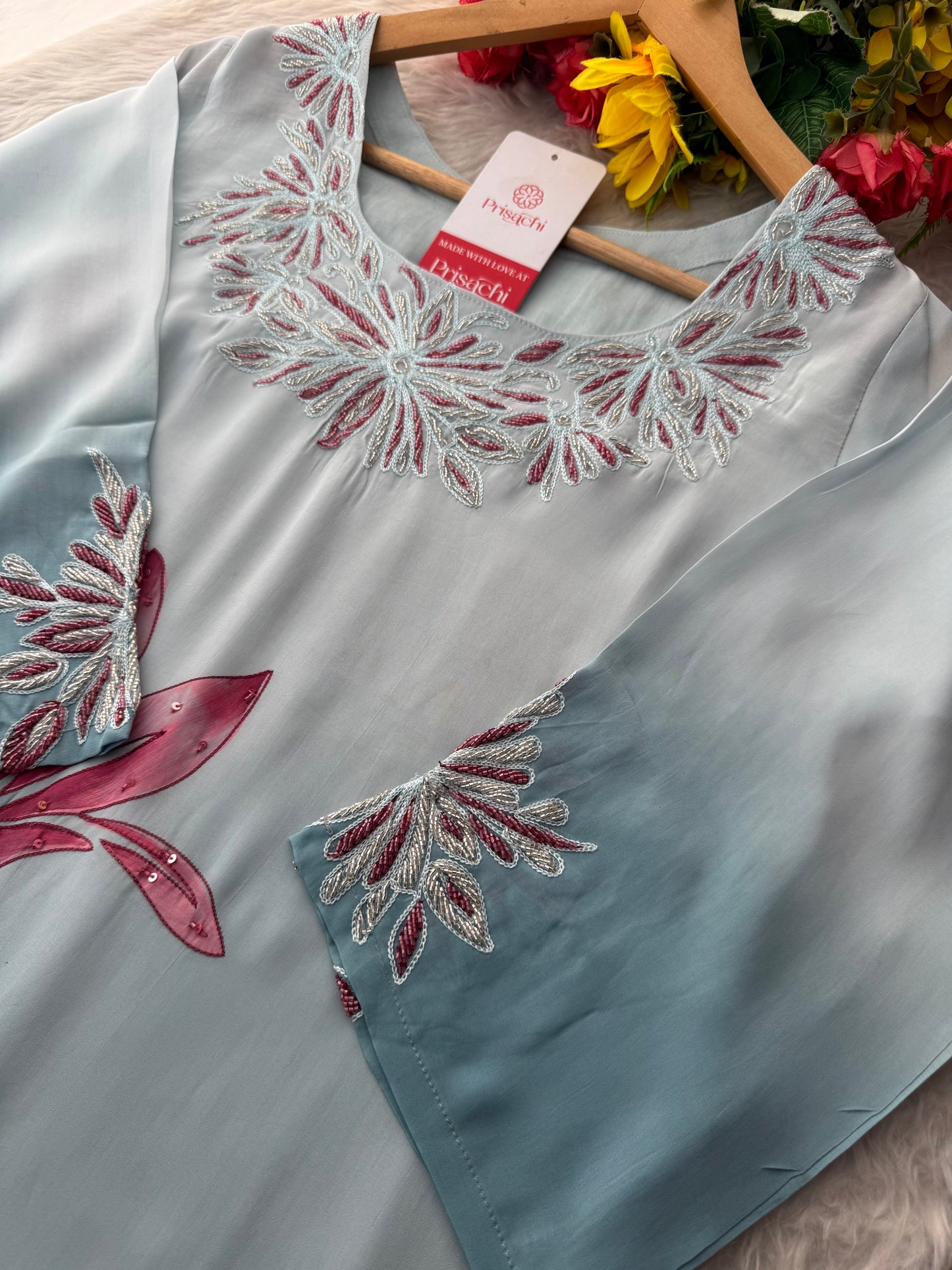 Pastel Blue floral embroidered kurta set with dupatta and pant - Prisachi Official