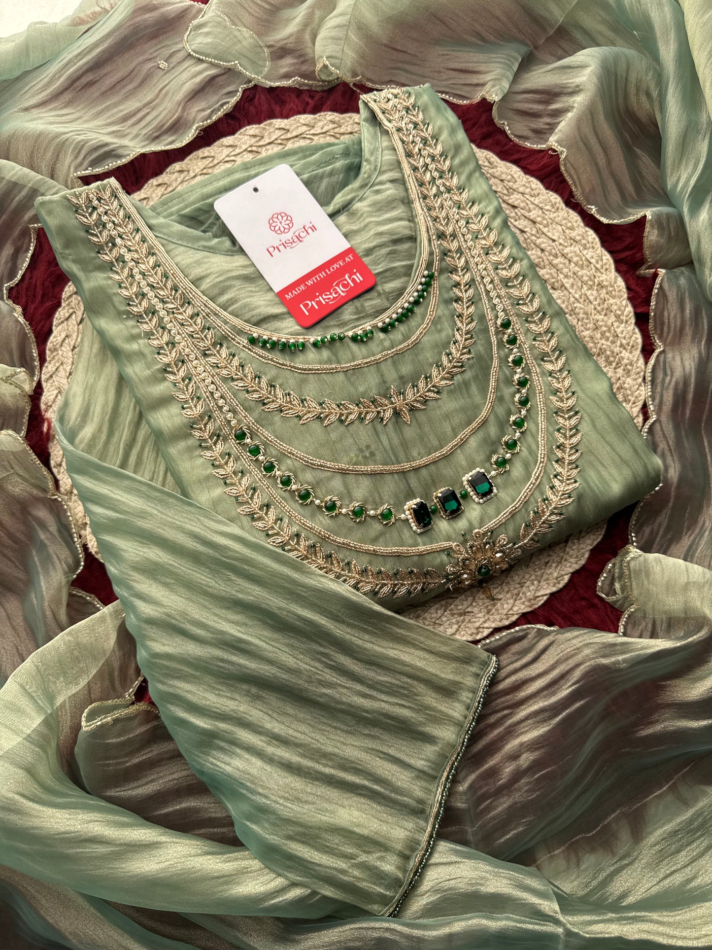 Green embroidered kurta set with dupatta