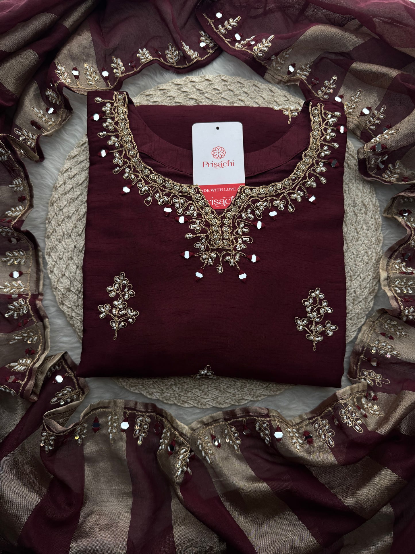 Brown hand embroidered kurta pant with dupatta - Prisachi Official