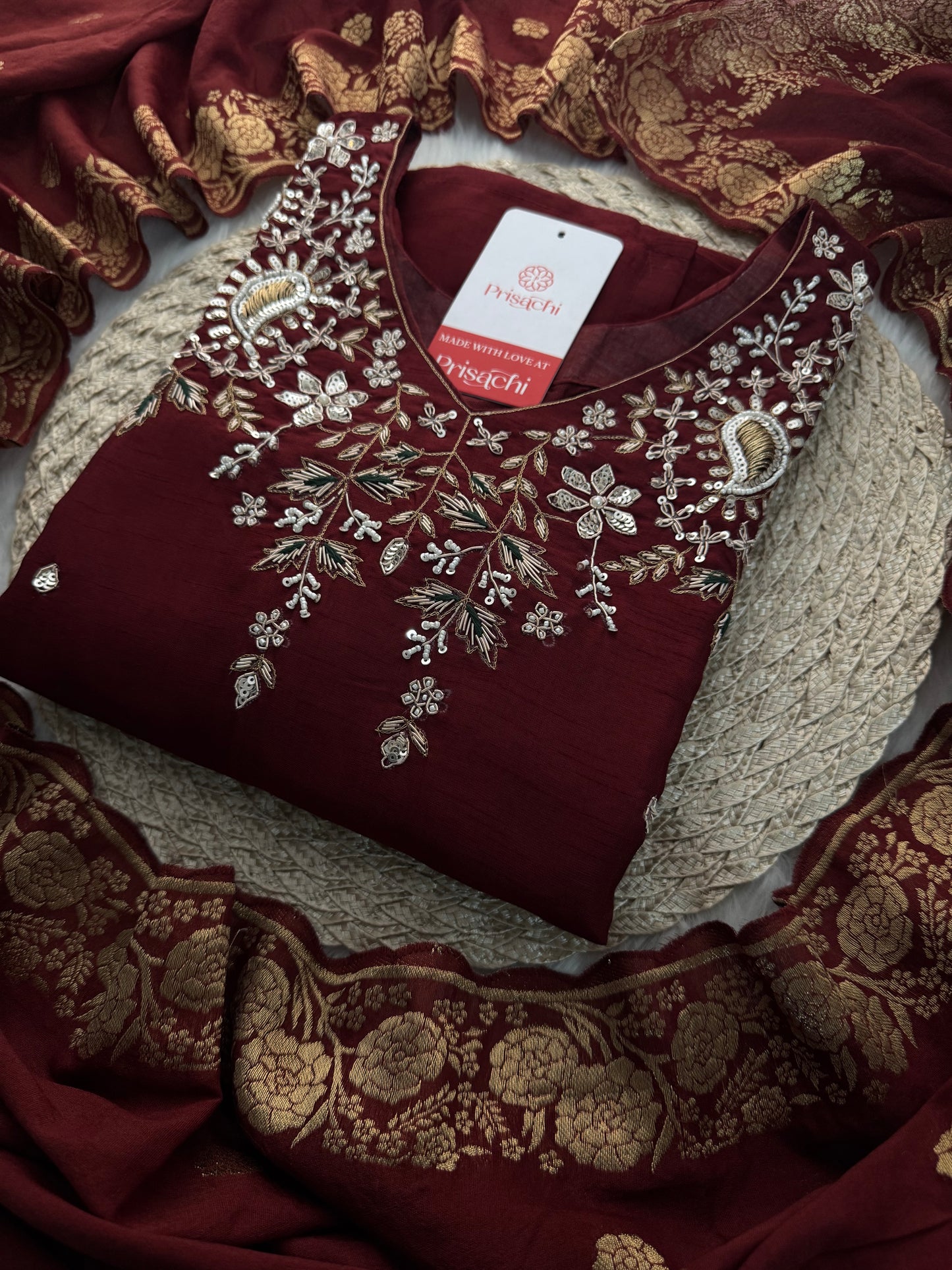 Brown hand embroidered kurta pant with dupatta with Pockets - Prisachi Official