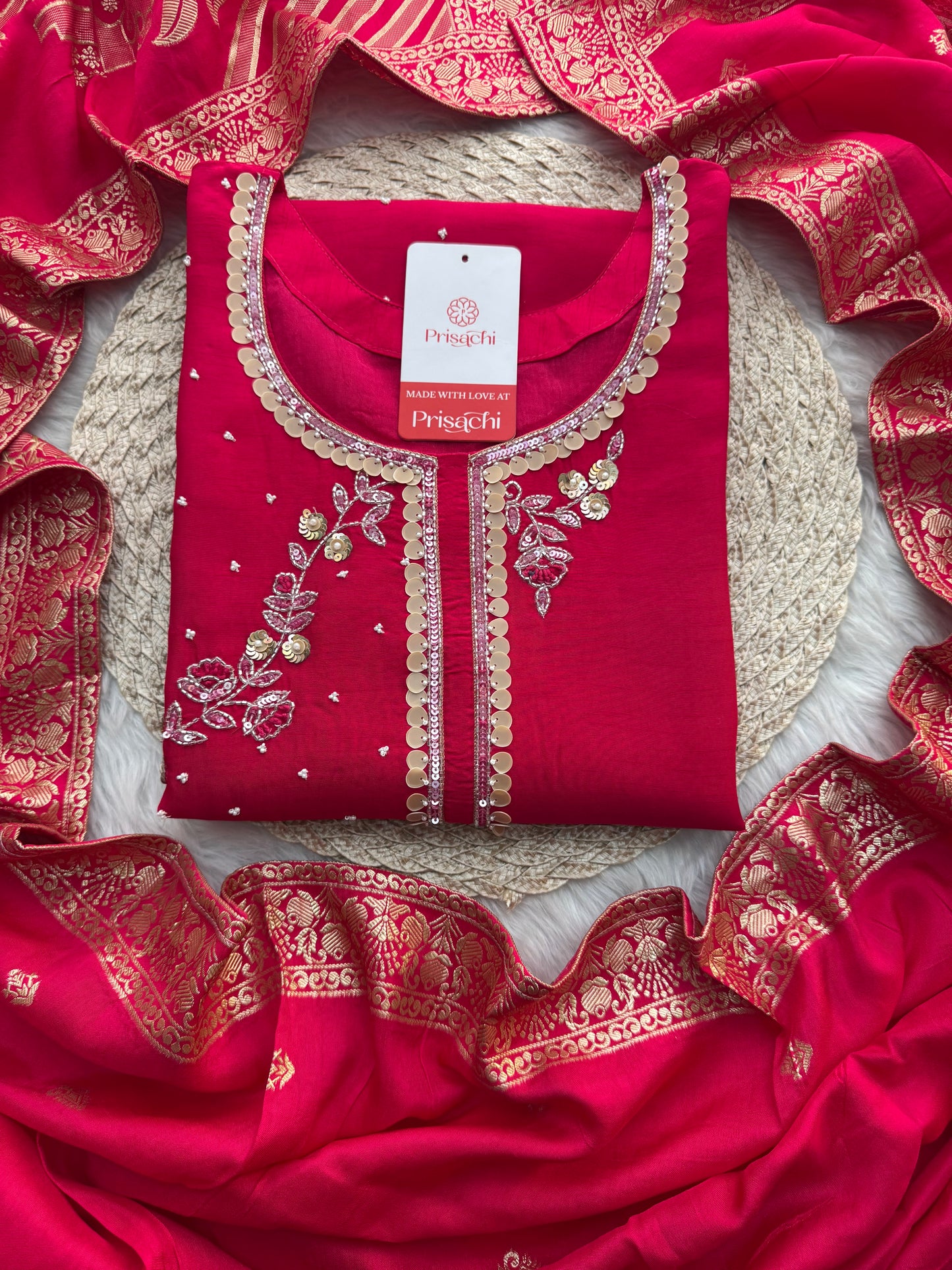 Pink Designer Embroidered Ethnic Kurta Set with Pants & Floral Dupatta - Prisachi Official