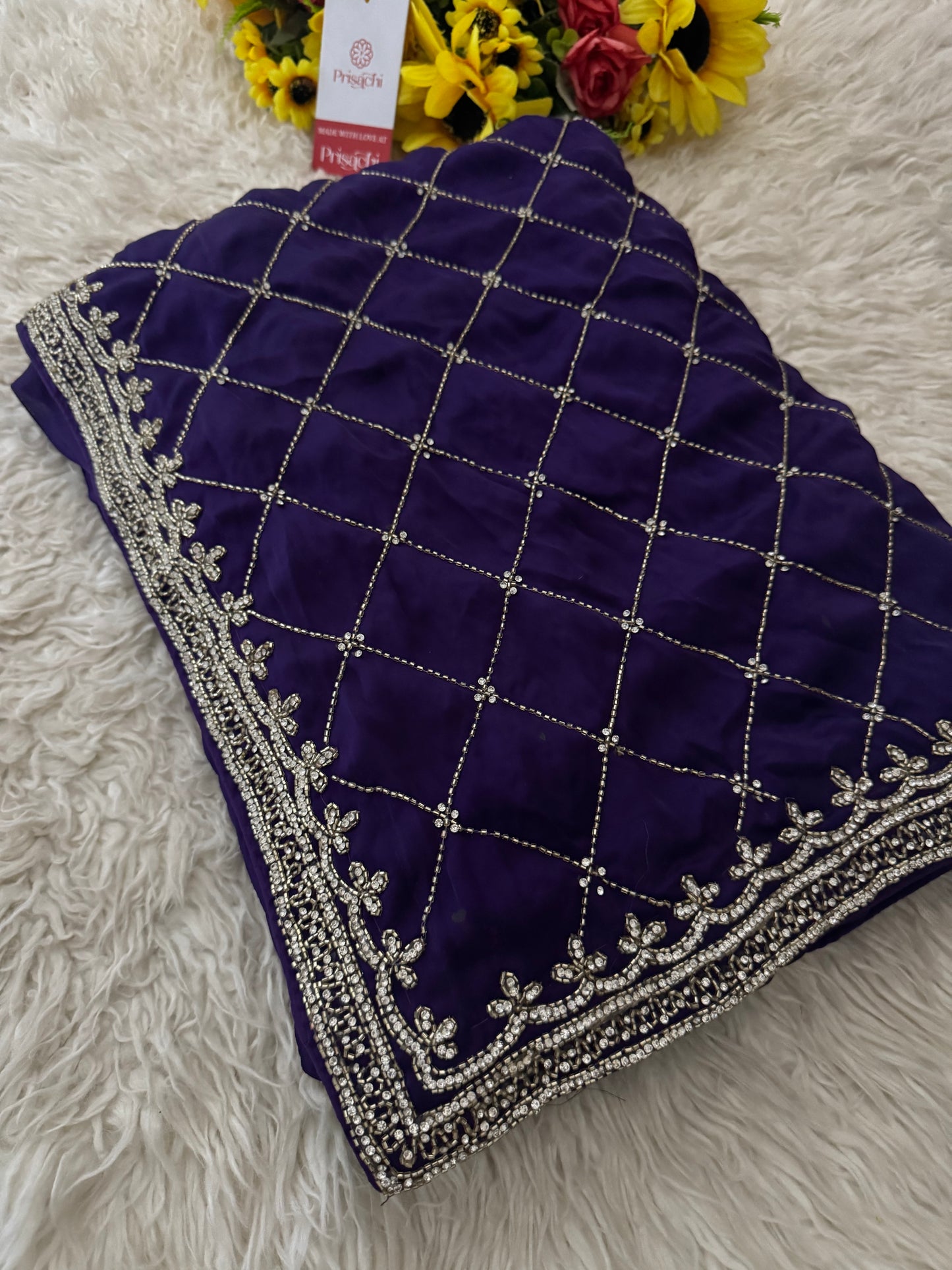 Prisachi Purple Designer Saree with Unstitched Blouse