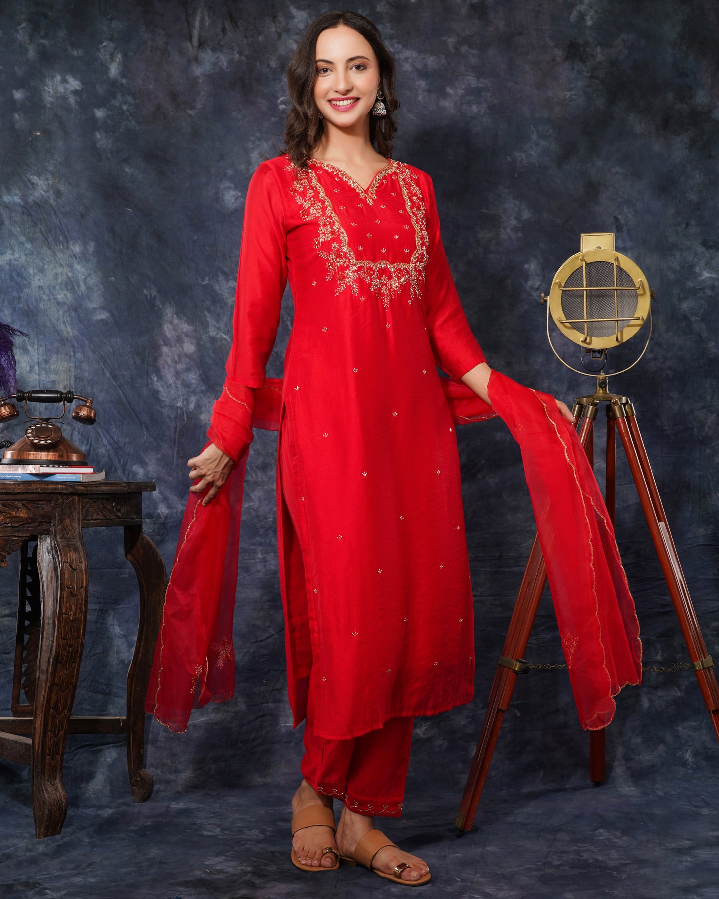 Red embroidered kurta bottom with dupatta with hand work - Prisachi Official