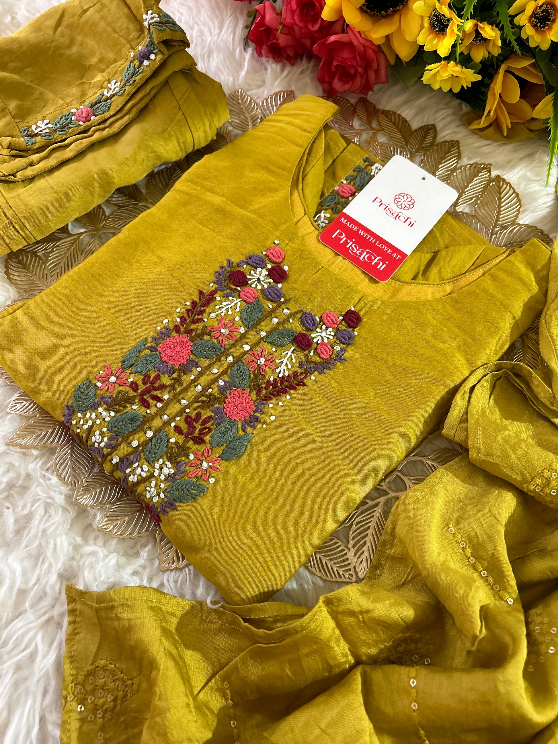 Yellow embroidered chanderi silk kurta set with dupatta - Prisachi Official