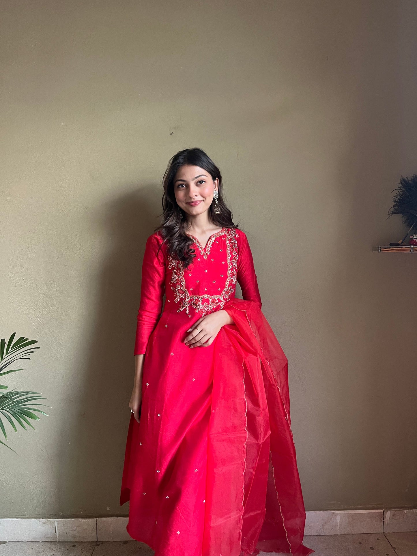 Red embroidered kurta bottom with dupatta with Zardosi work - Prisachi Official